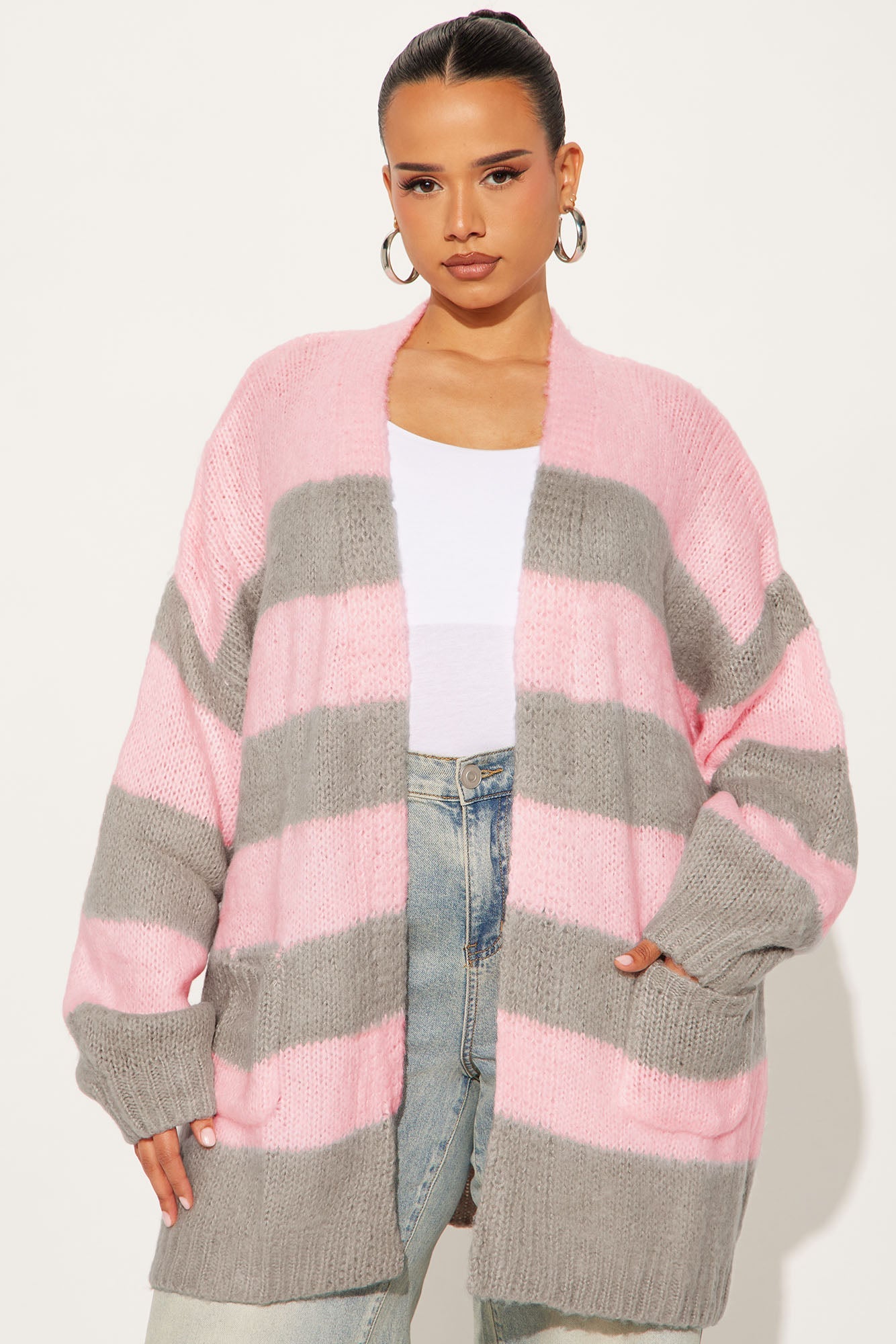 Catch My Vibe Oversized Striped Cardigan - Pink/combo