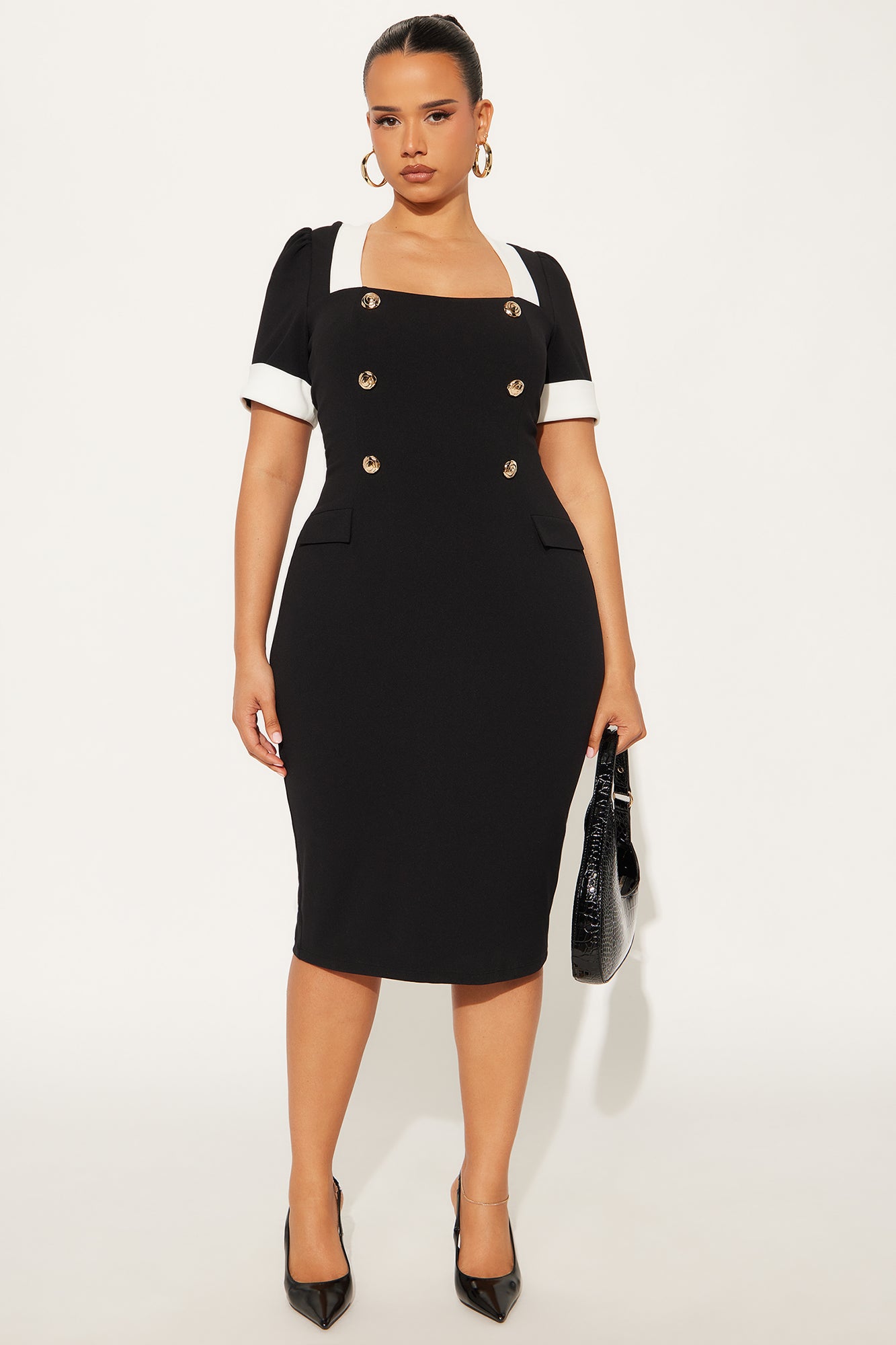 Ainsley Contrast Trim Crepe Knit Midi Dress - Black/White