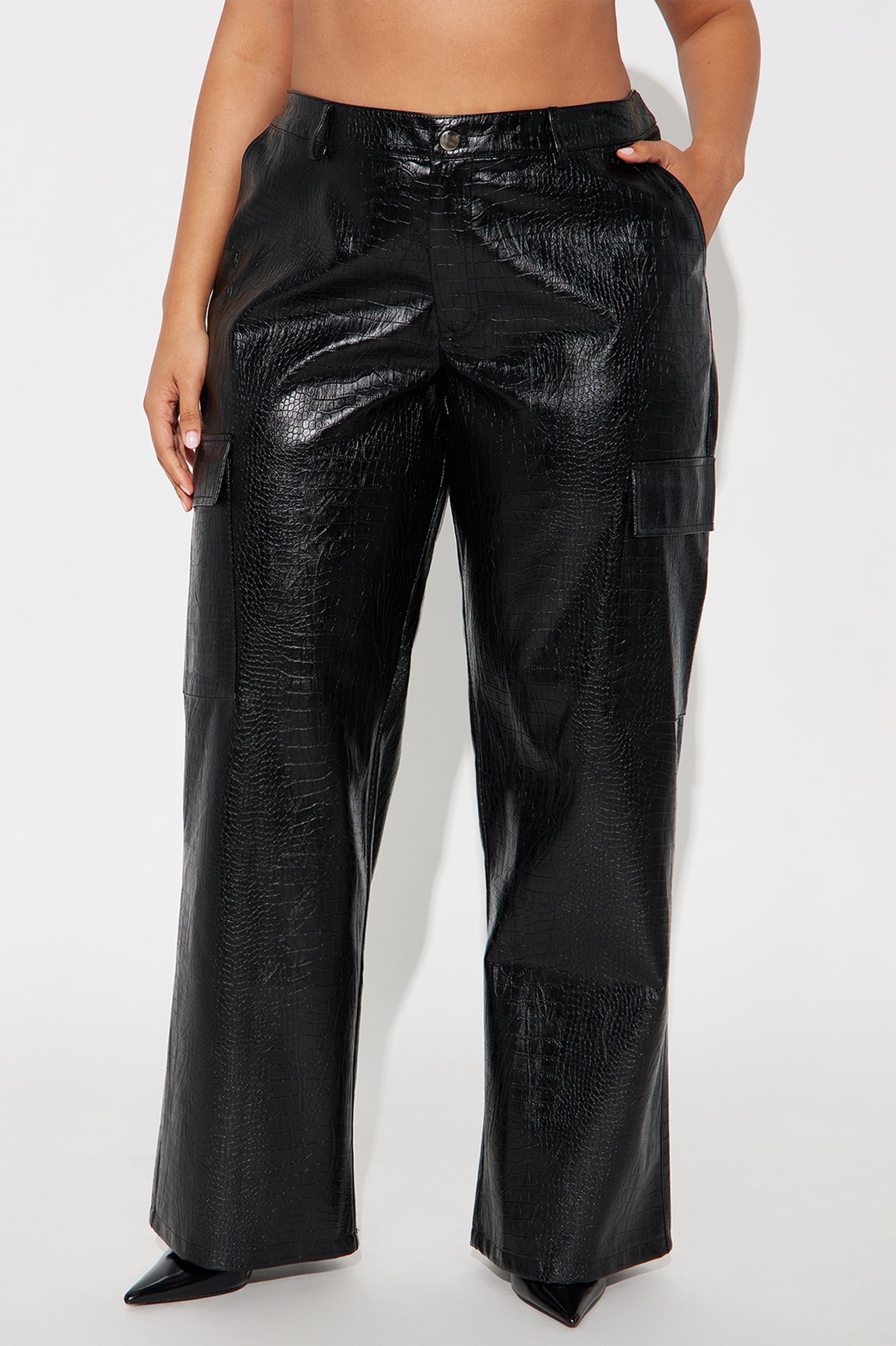 No Competition Here Faux Leather Wide Leg Croc Pant 33 - Black
