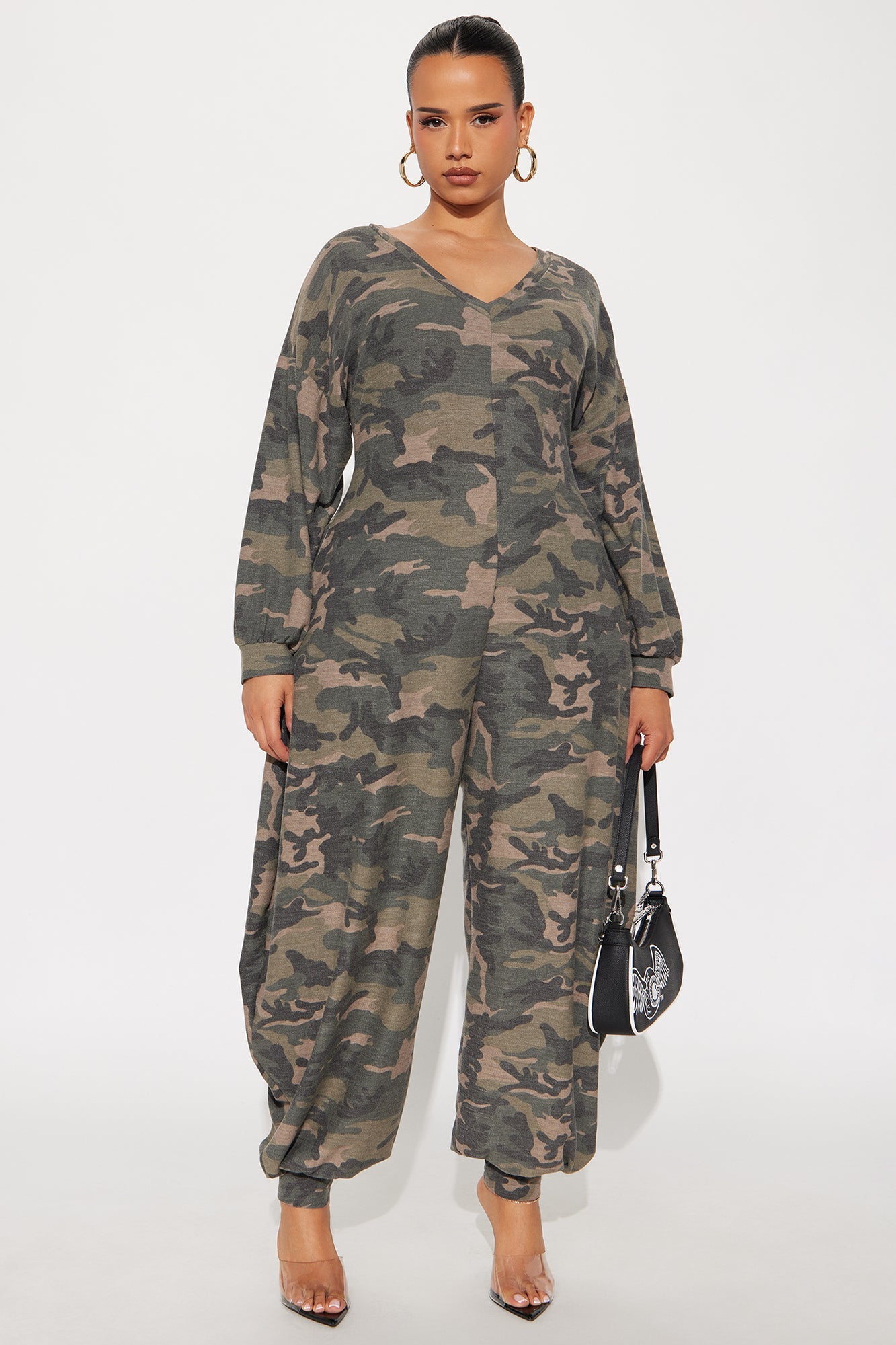 Let's Chill Camo Barrel Wide Leg Jumpsuit - Olive/combo