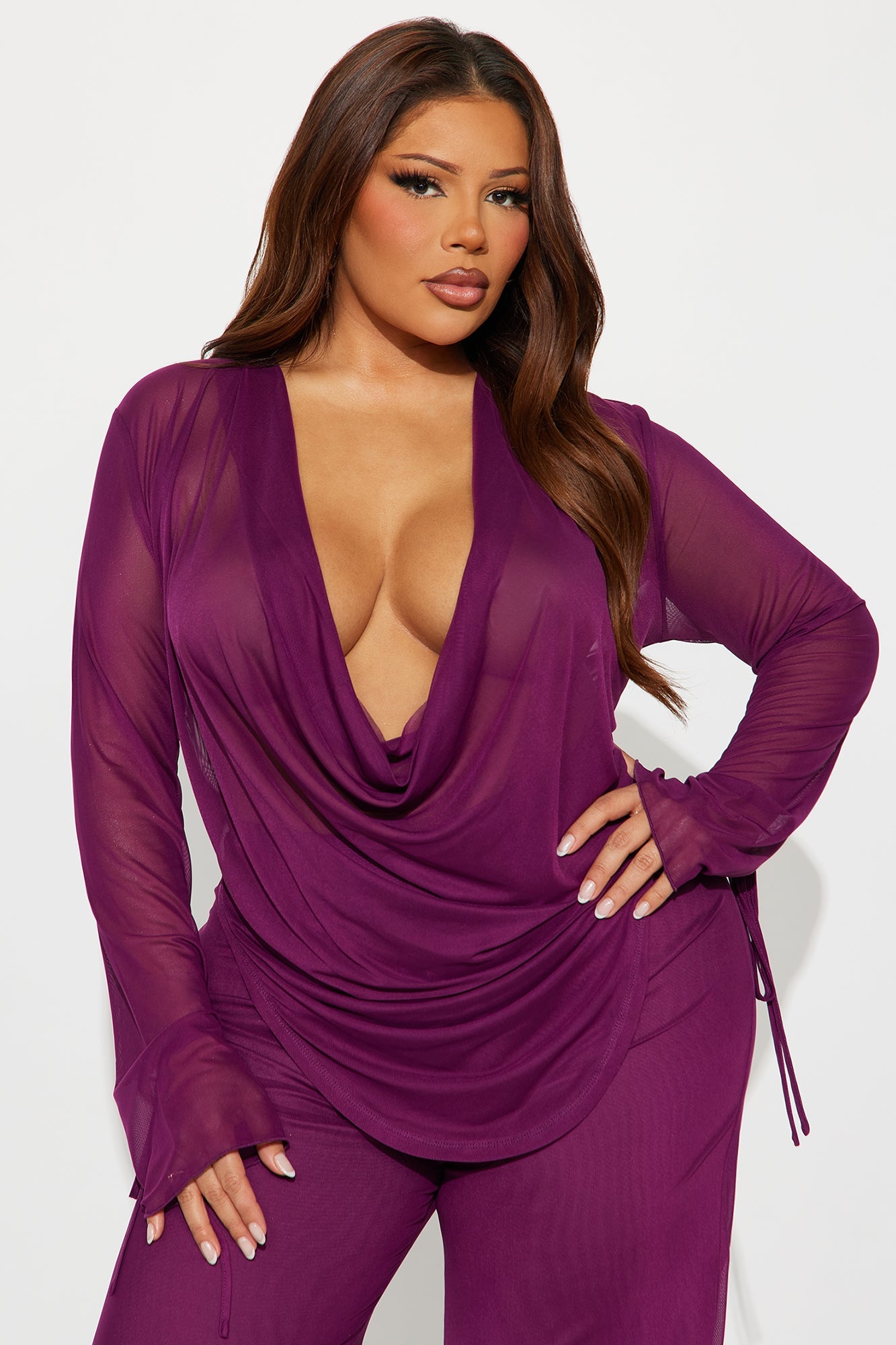 Silent Muse Cowl Neck Mesh Pant Set - Wine