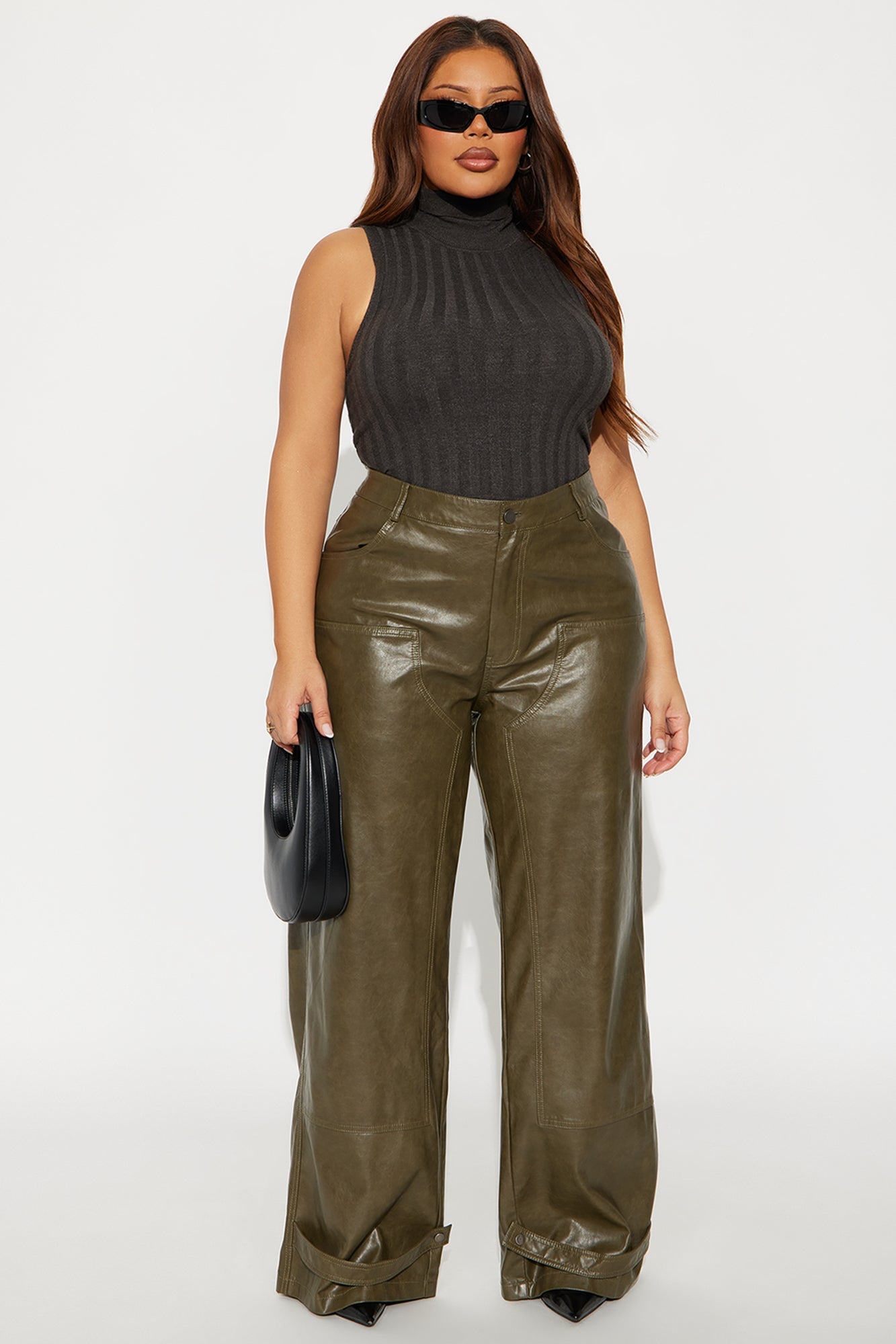 Sammie Faux Leather Wide Pant 32″ - Dark Olive
