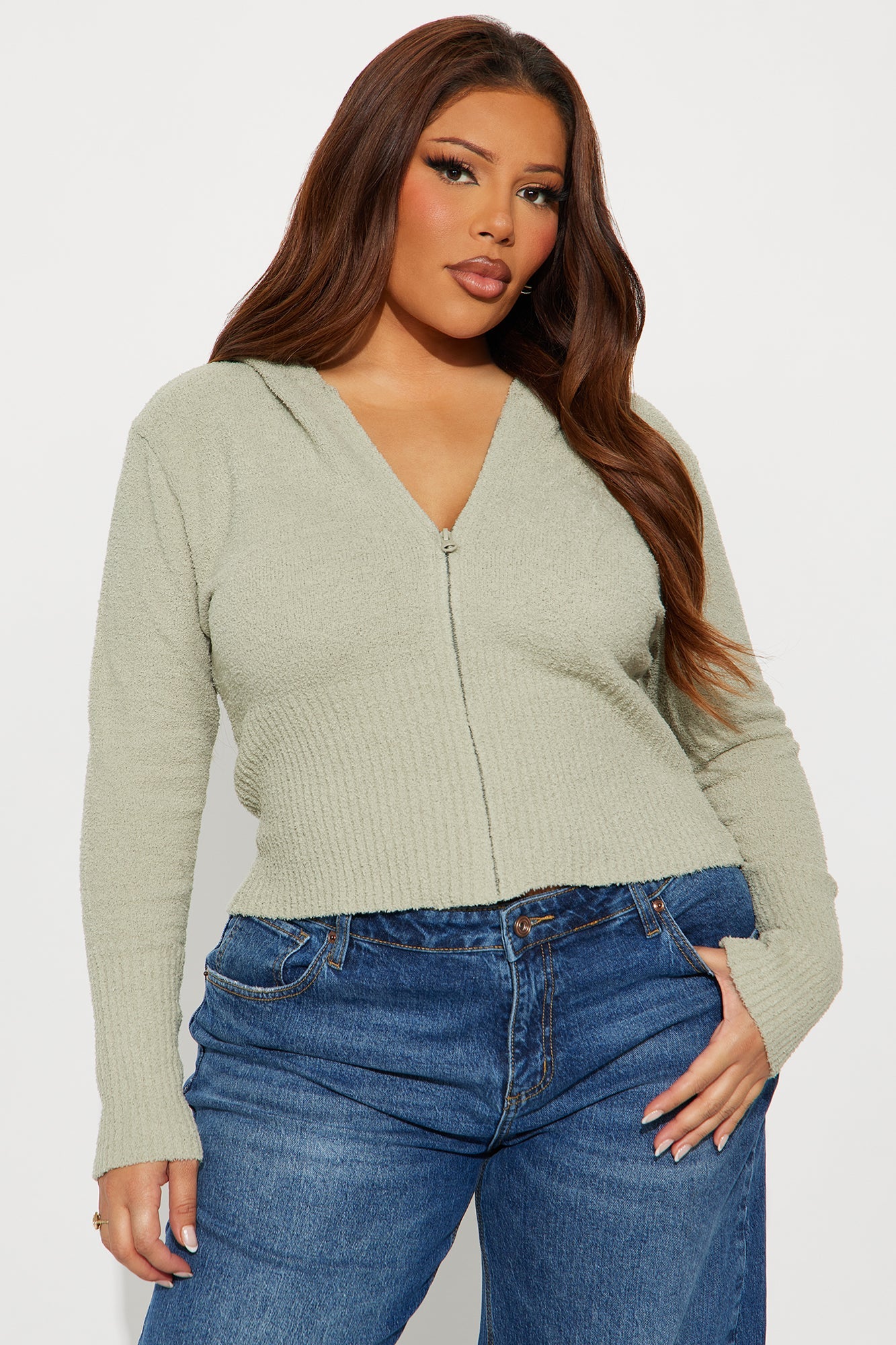 Pillow Talk Zip Front Ribbed Cardigan Sweater - Sage