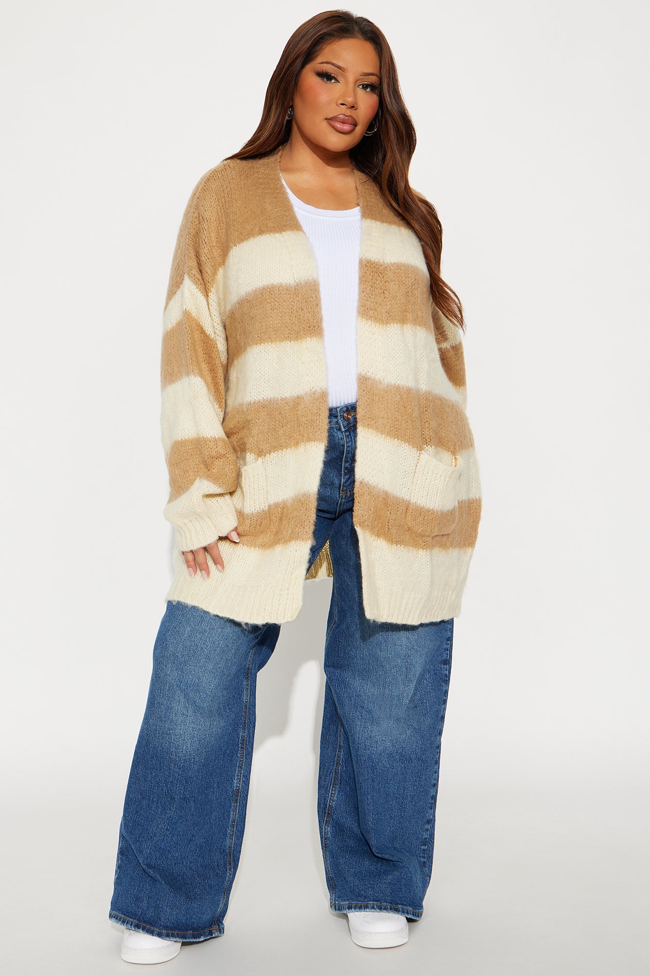 Catch My Vibe Oversized Striped Cardigan - Taupe/combo