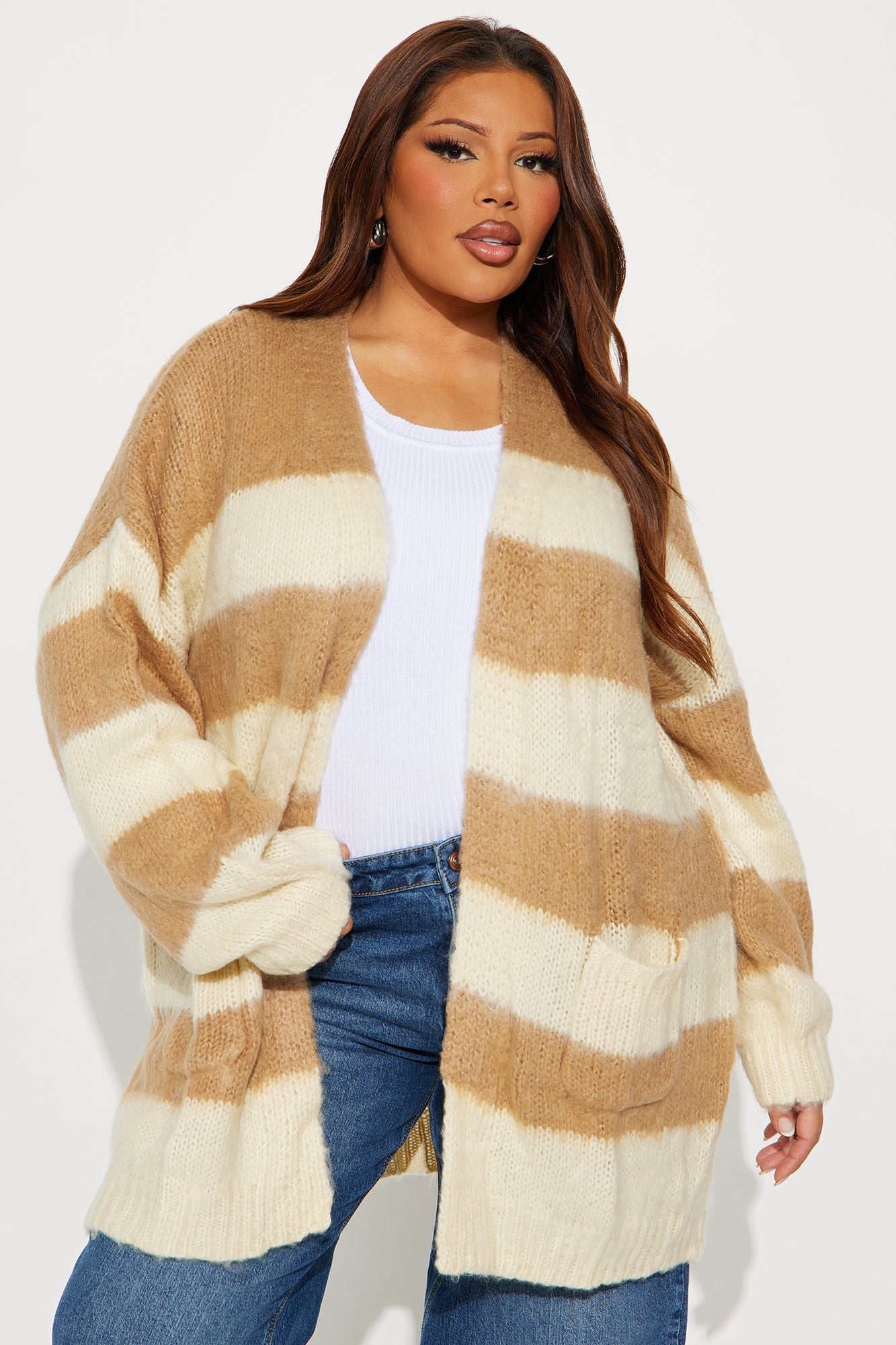 Catch My Vibe Oversized Striped Cardigan - Taupe/combo