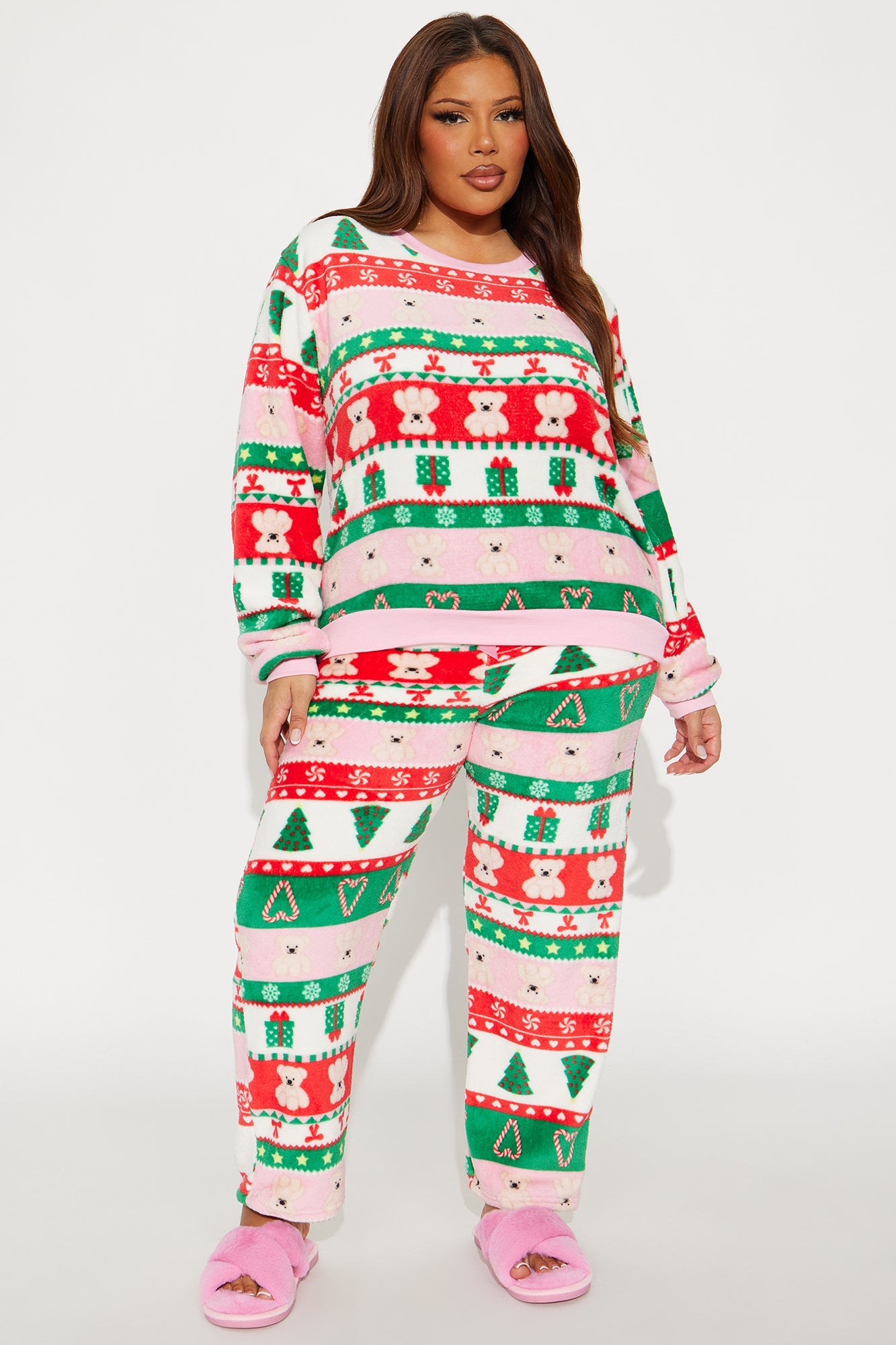 Sweetest Holiday Plush Crew Neck PJ Pant Set - Green/combo