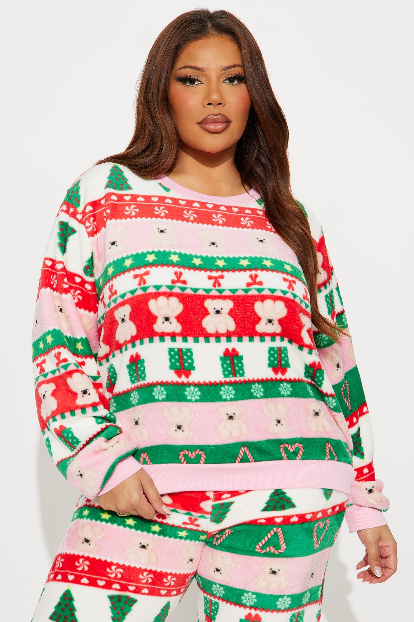 Sweetest Holiday Plush Crew Neck PJ Pant Set - Green/combo