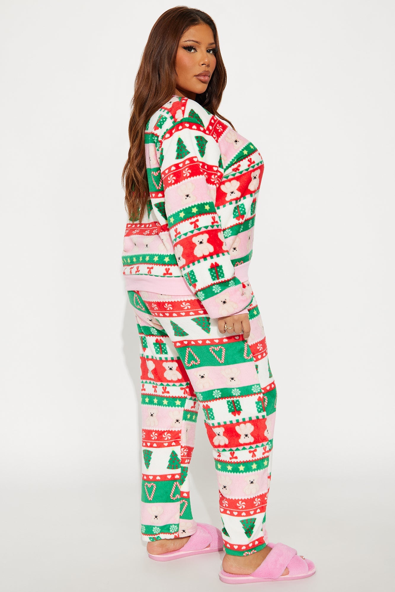 Sweetest Holiday Plush Crew Neck PJ Pant Set - Green/combo
