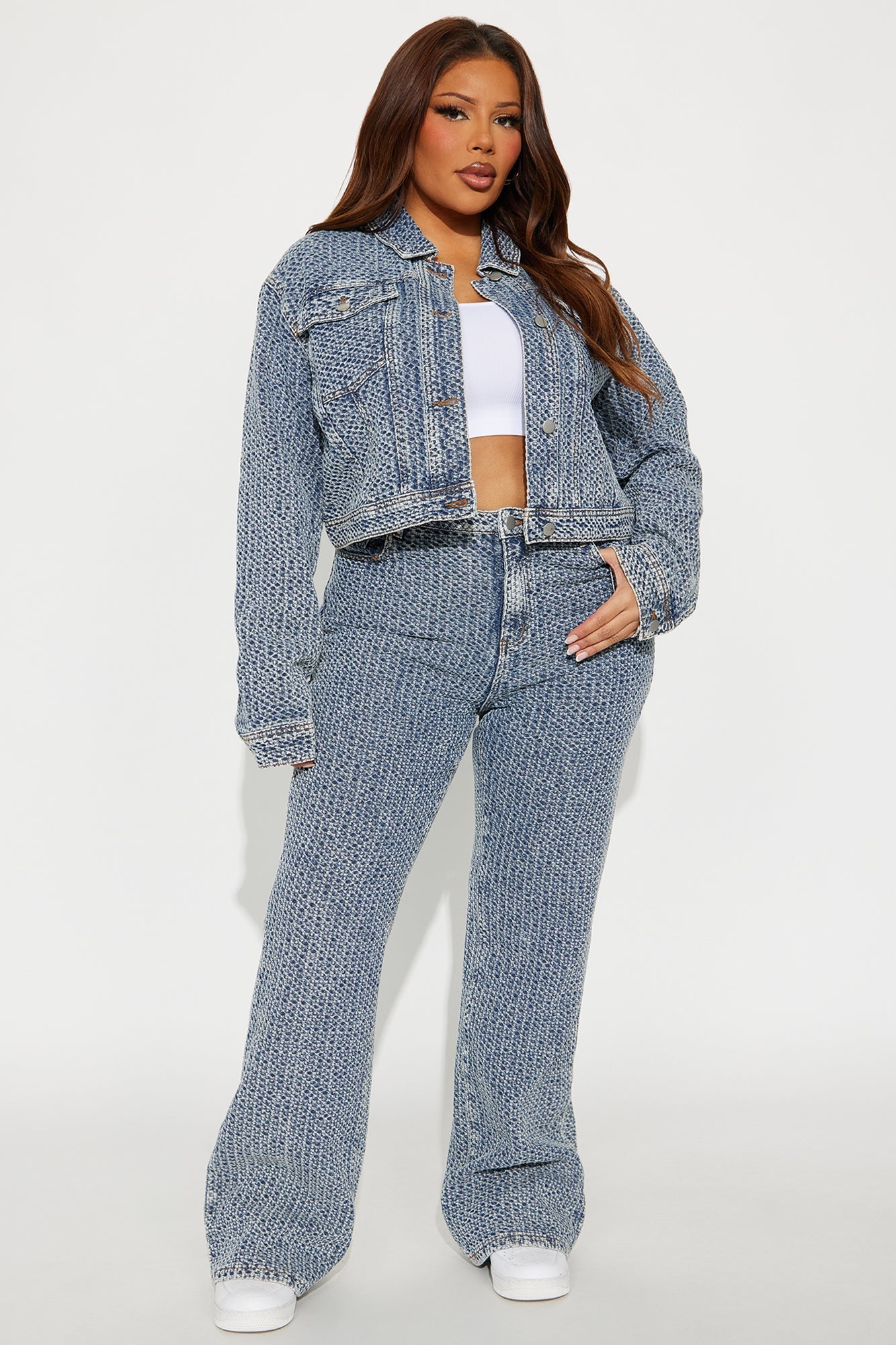 Midnight Glow Textured Denim Pant Set - Medium Wash