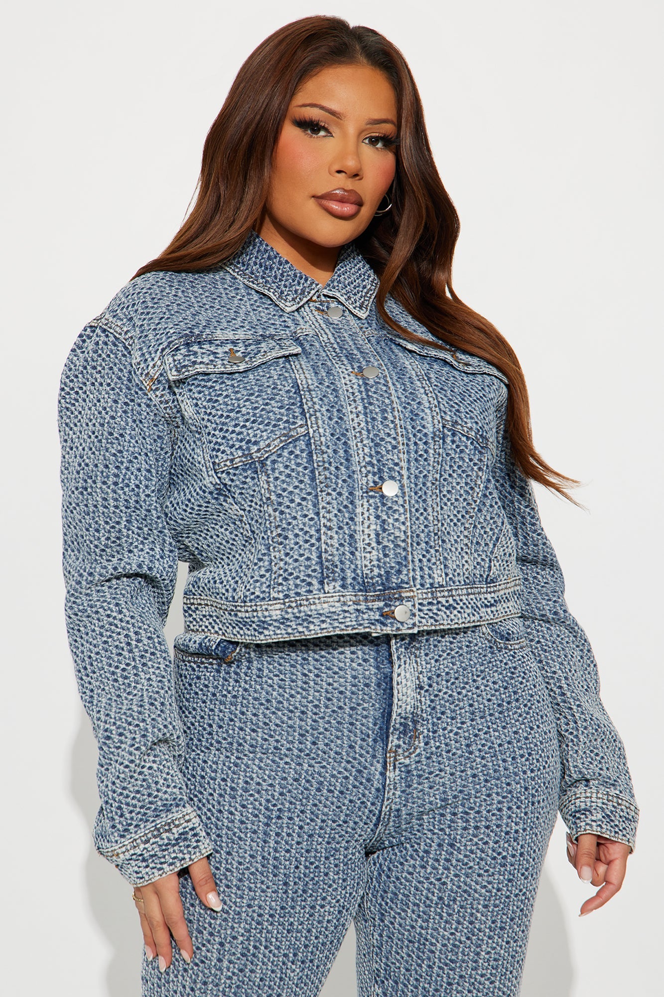 Midnight Glow Textured Denim Pant Set - Medium Wash