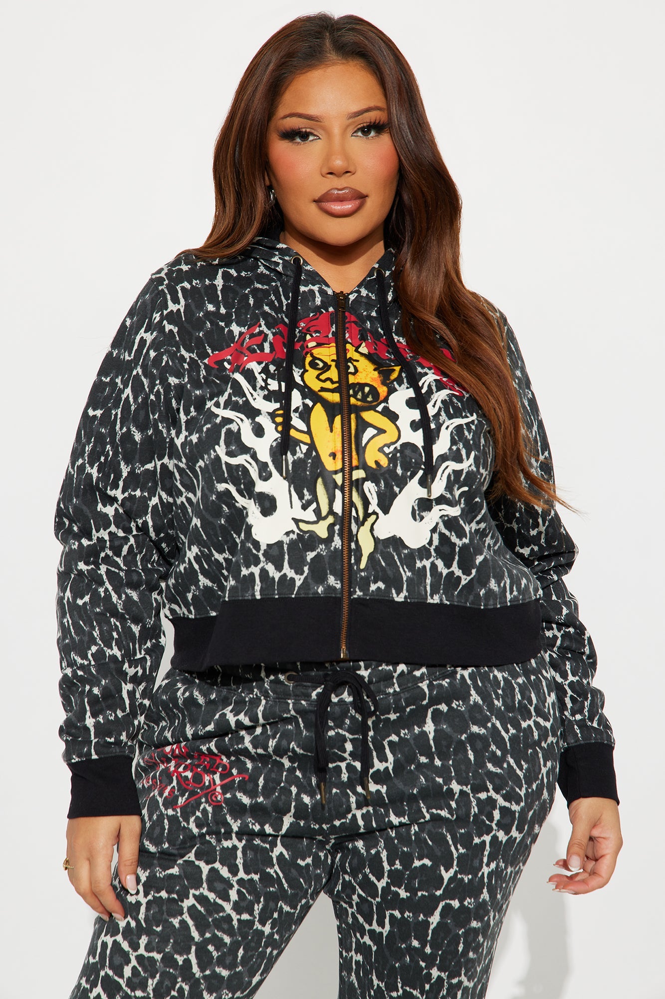 Ed Hardy Leopard Devil Zip Front Hoodie - Black