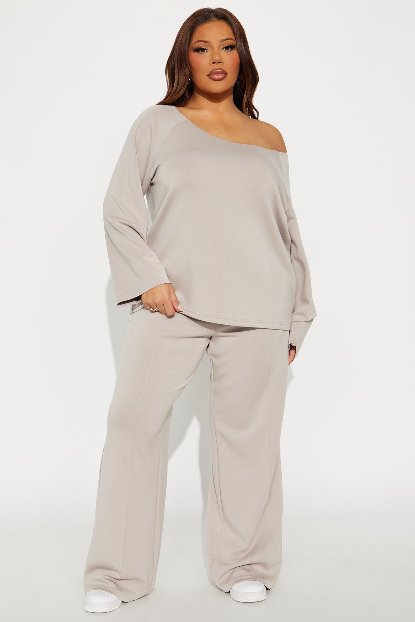 Stephanie Ultra Soft Off Shoulder Sweatshirt - Stone