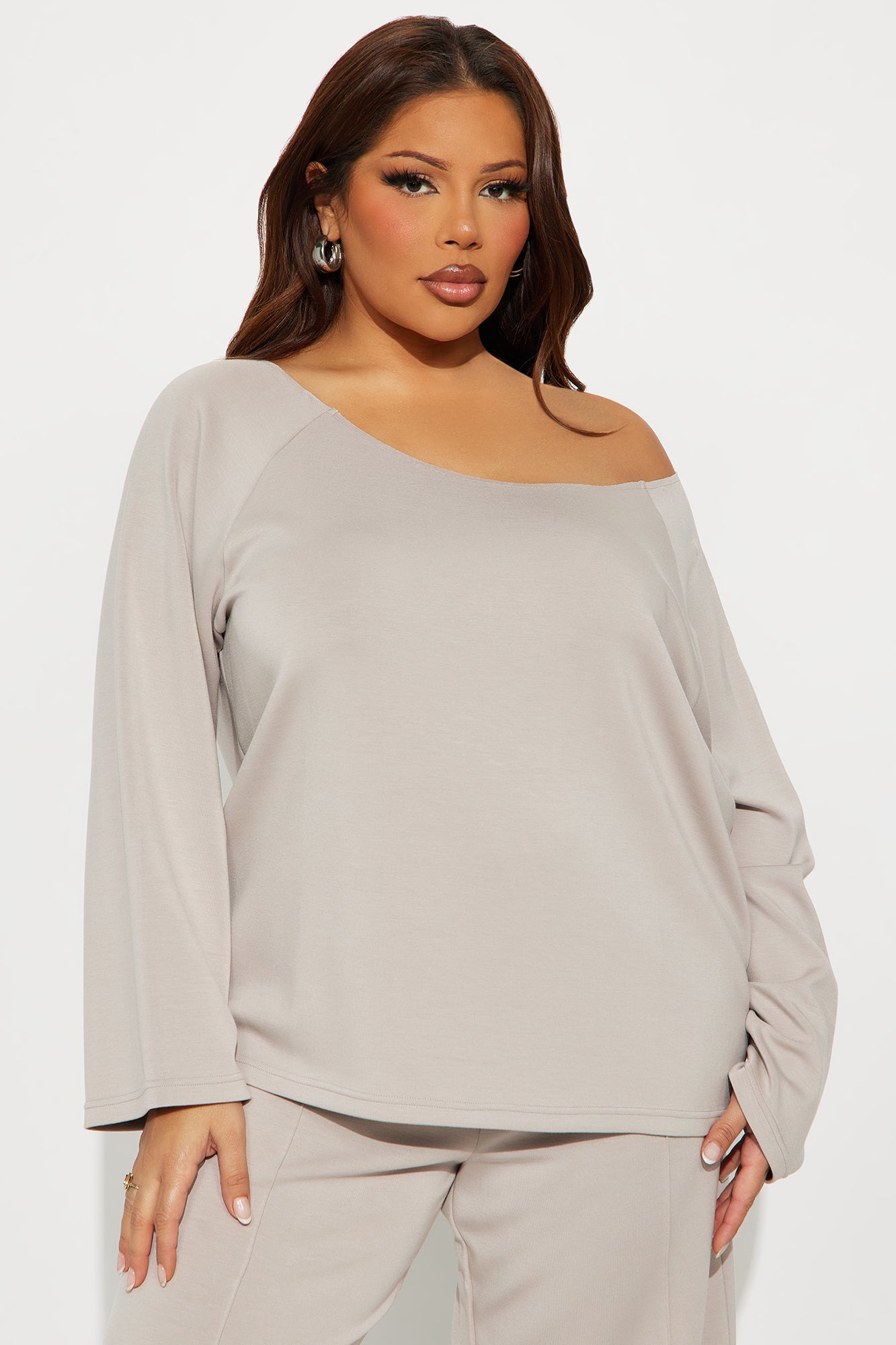 Stephanie Ultra Soft Off Shoulder Sweatshirt - Stone