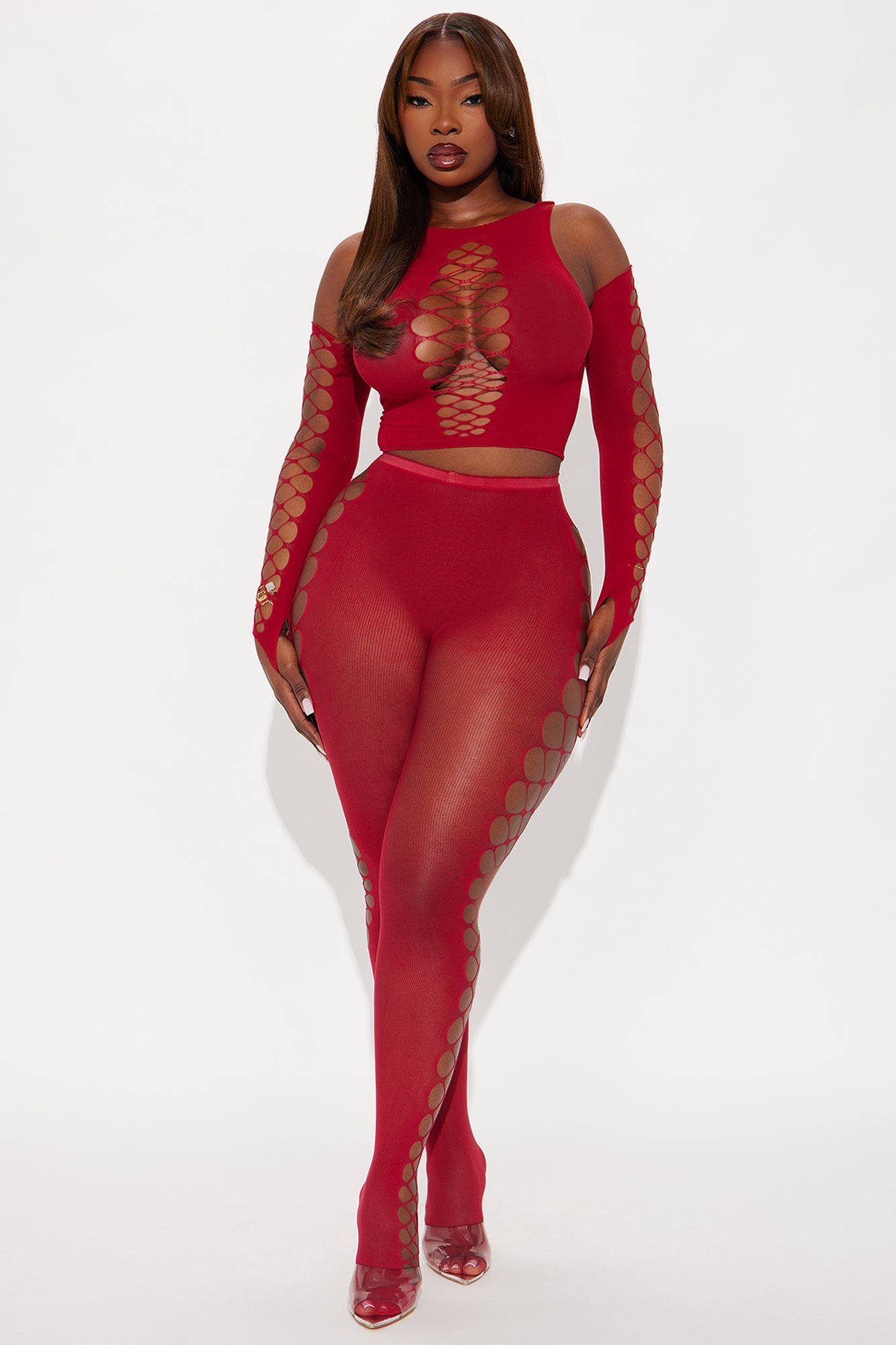 Night Out Sheer Cut 3 Piece Bodystocking Set - Red