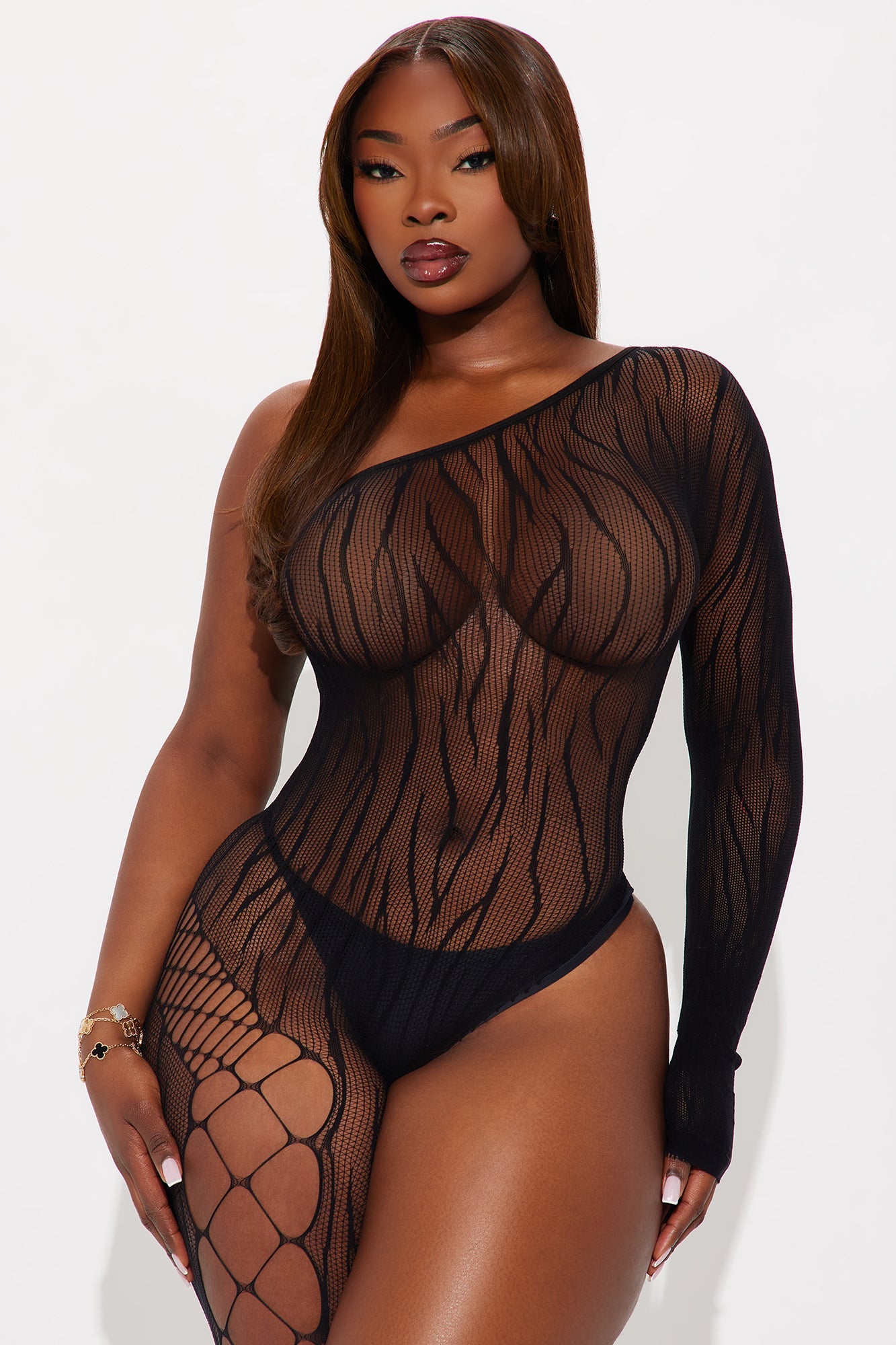 Cut Me Lace One Shoulder & Leg Bodystocking - Black