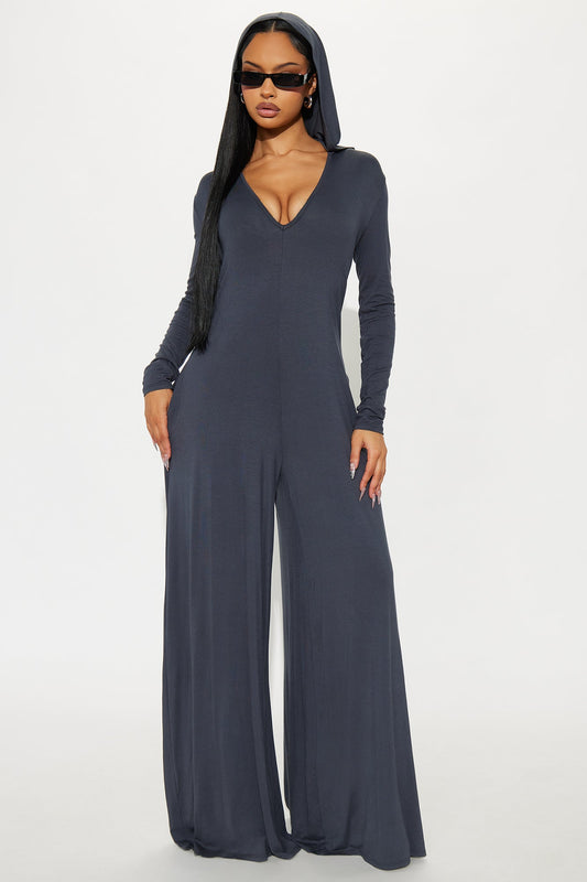 Haven Hooded Wide Leg Long Sleeve Jumpsuit - Charcoal