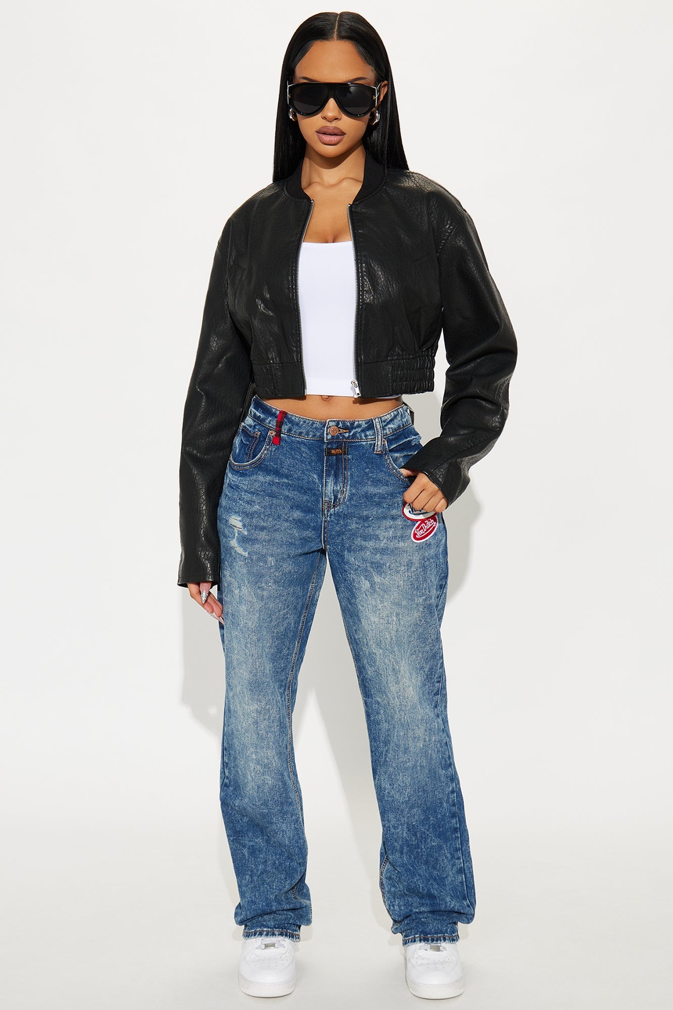 Hailey Cropped Washed Faux Leather Bomber Jacket - Black