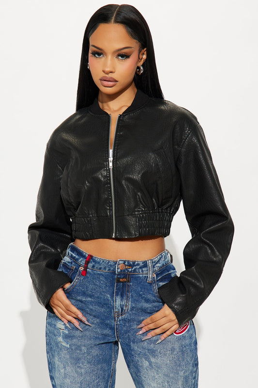 Hailey Cropped Washed Faux Leather Bomber Jacket - Black