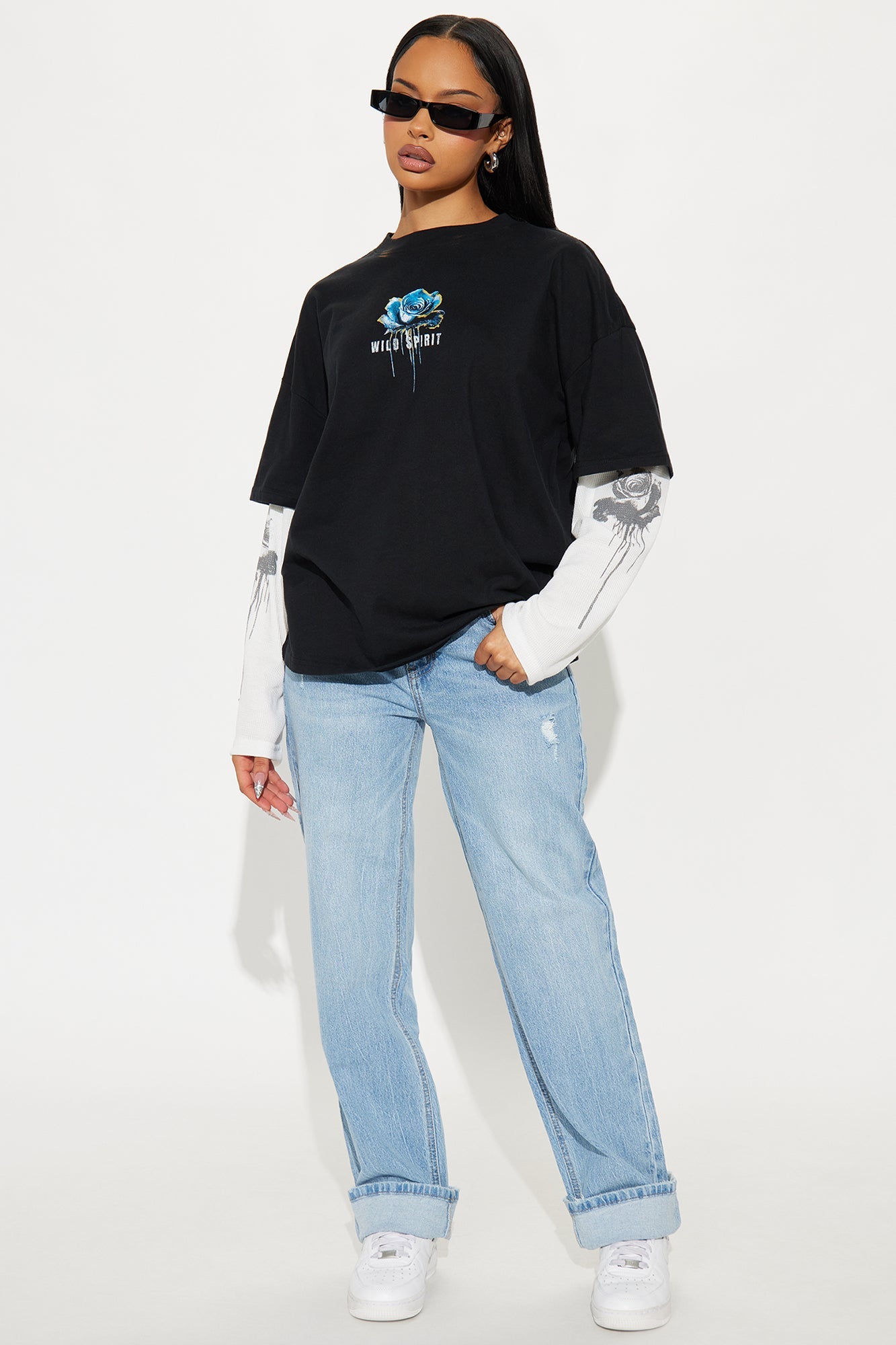 Wild Spirit Thermal Long Sleeve 2Fer Tee - Black/White