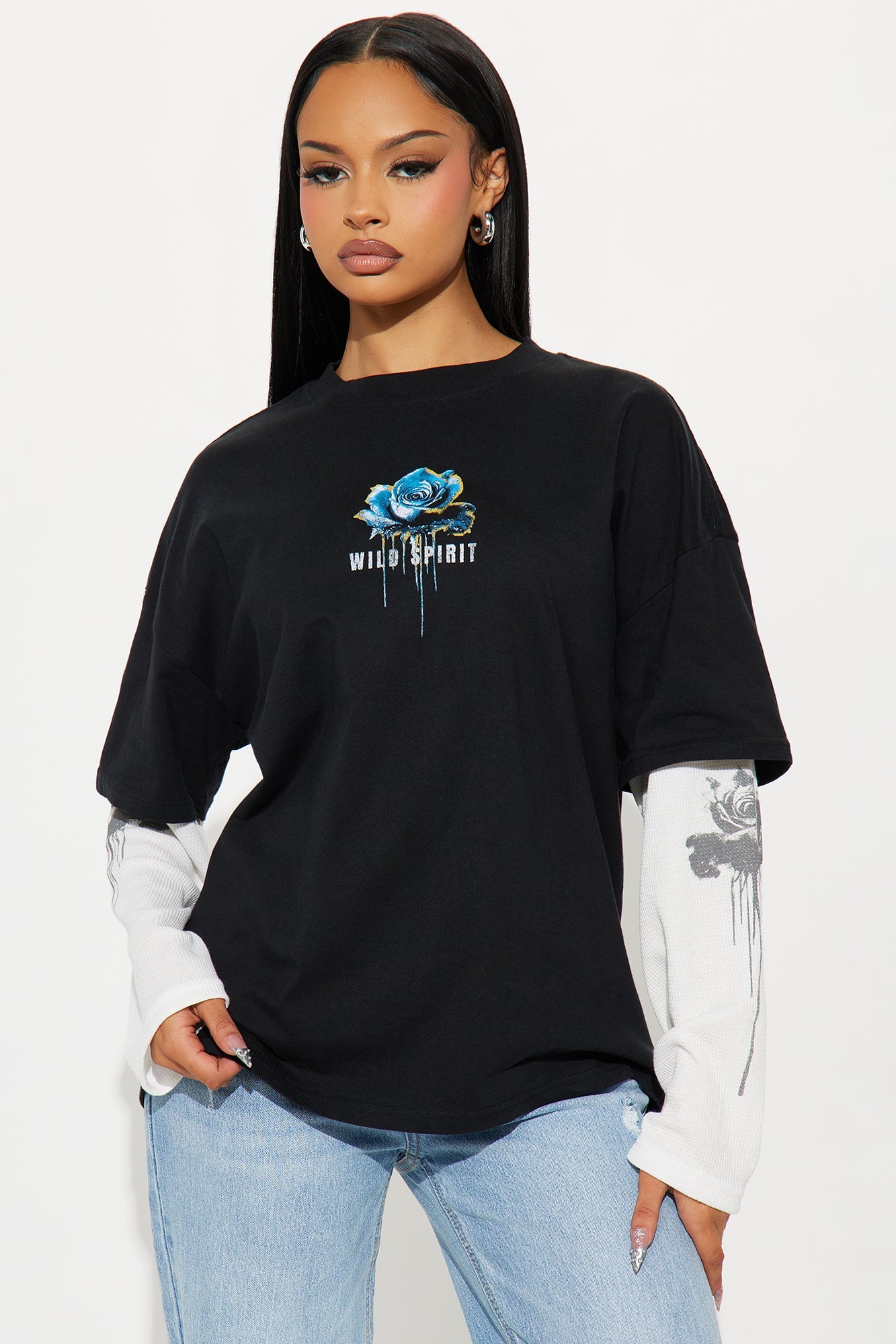 Wild Spirit Thermal Long Sleeve 2Fer Tee - Black/White