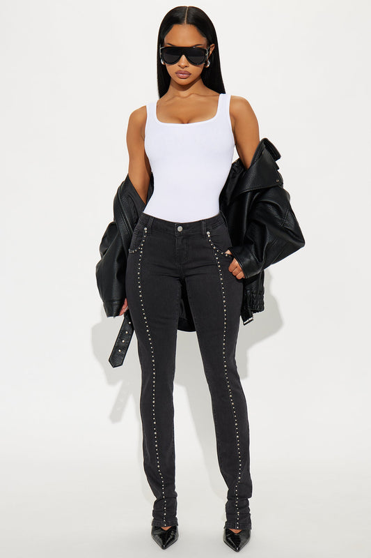 What A Studded Stacked Slim Jeans - Black Wash