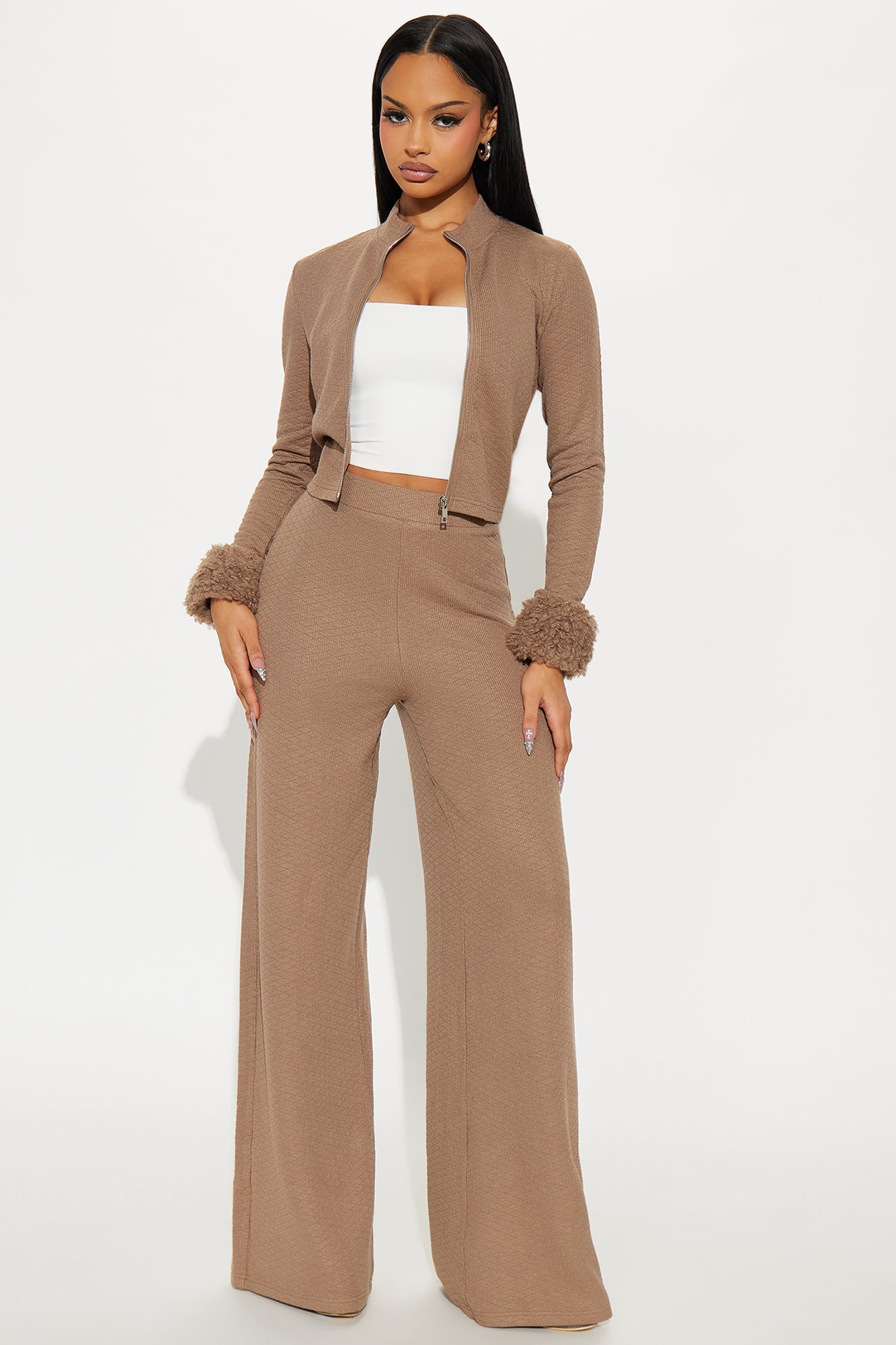 Delilah Faux Fur Trim Pant Set - Mocha
