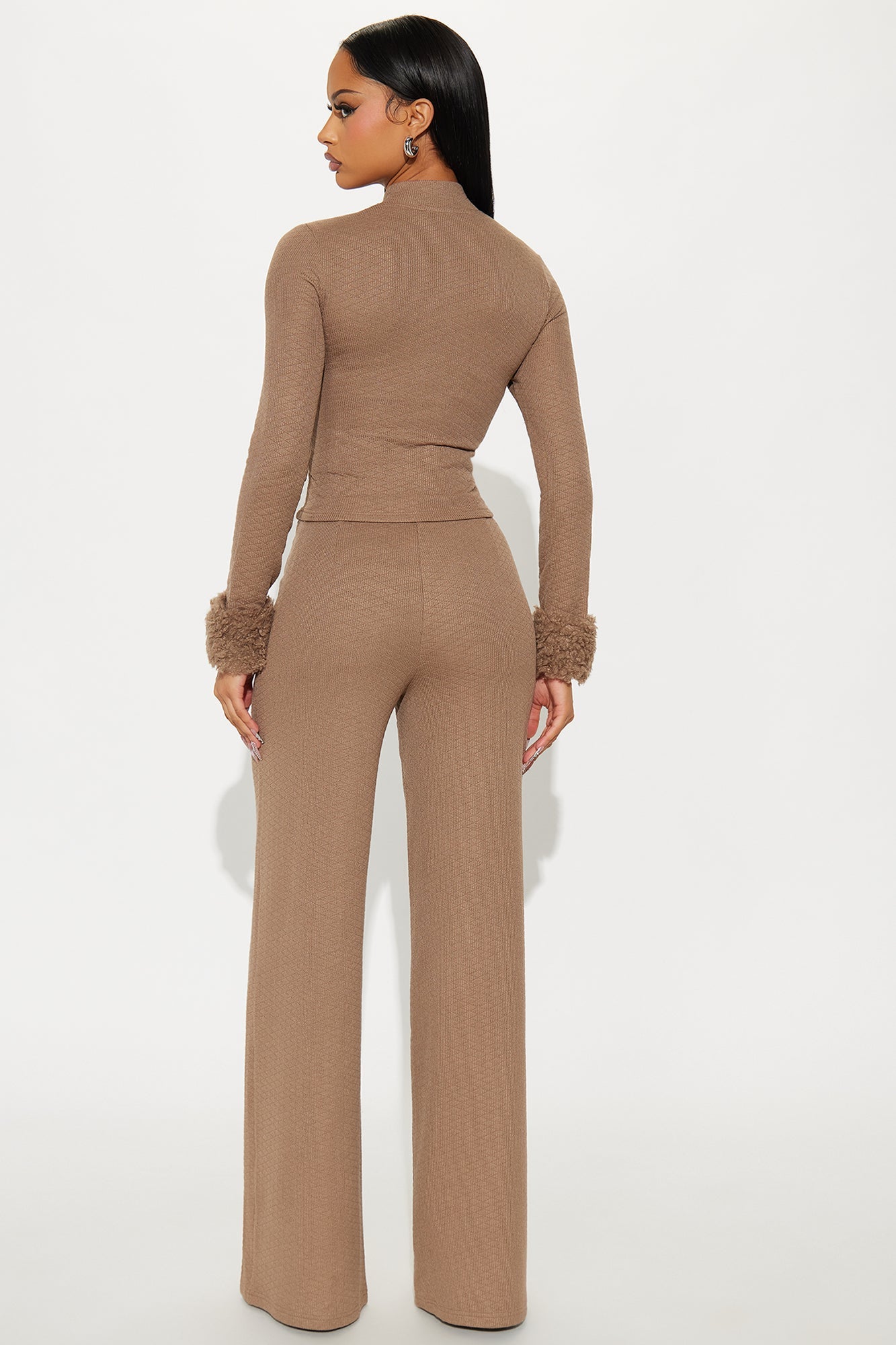 Delilah Faux Fur Trim Pant Set - Mocha