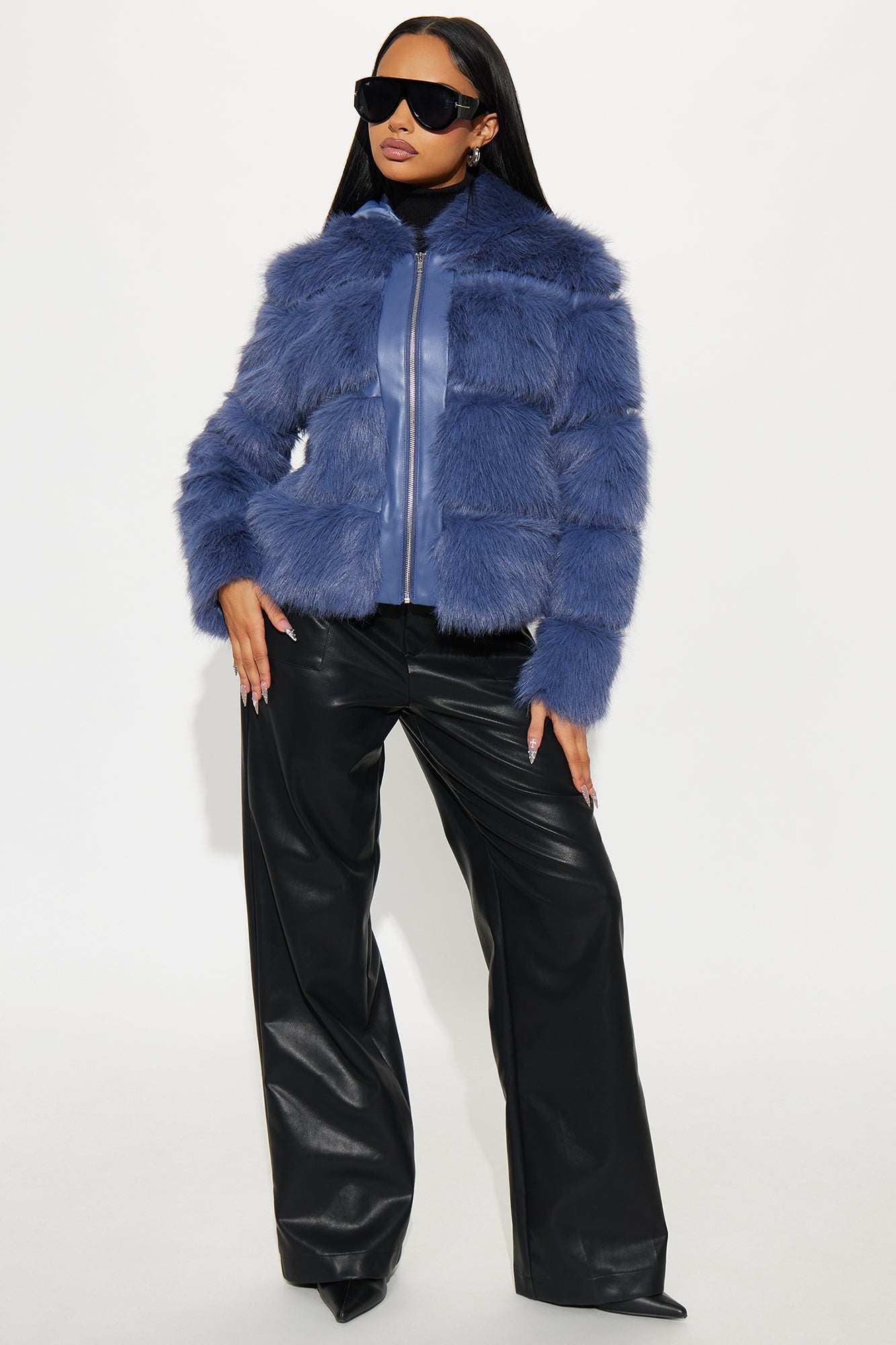 London Girl Faux Fur Coat - Slate Blue
