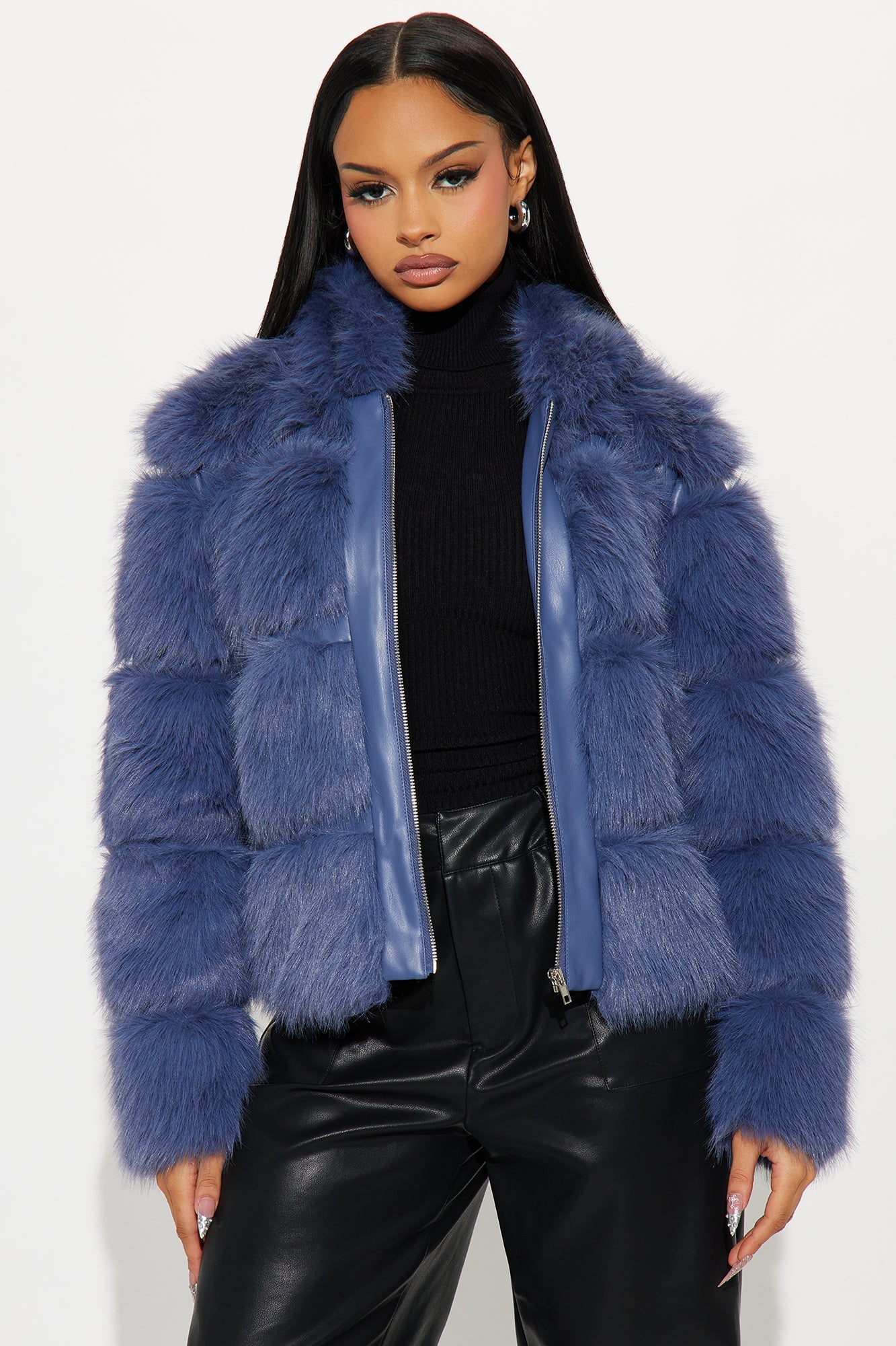 London Girl Faux Fur Coat - Slate Blue