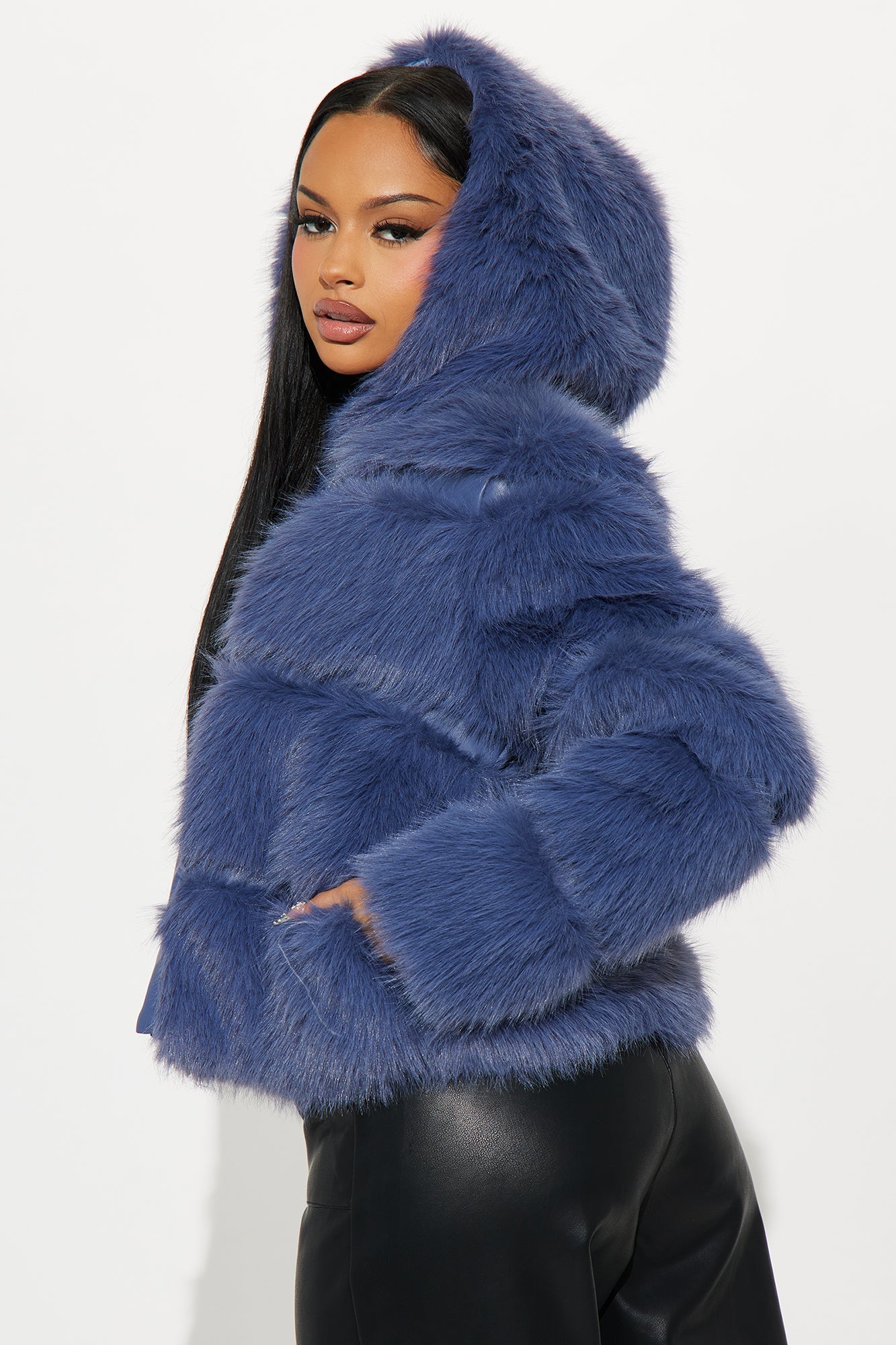 London Girl Faux Fur Coat - Slate Blue