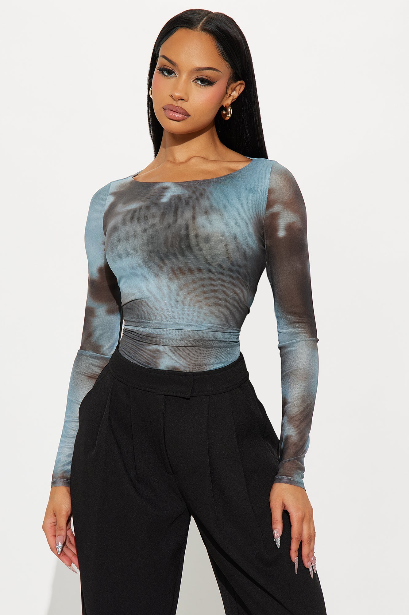 Sylvie Mesh Boat Neck Top - Aqua/Combo