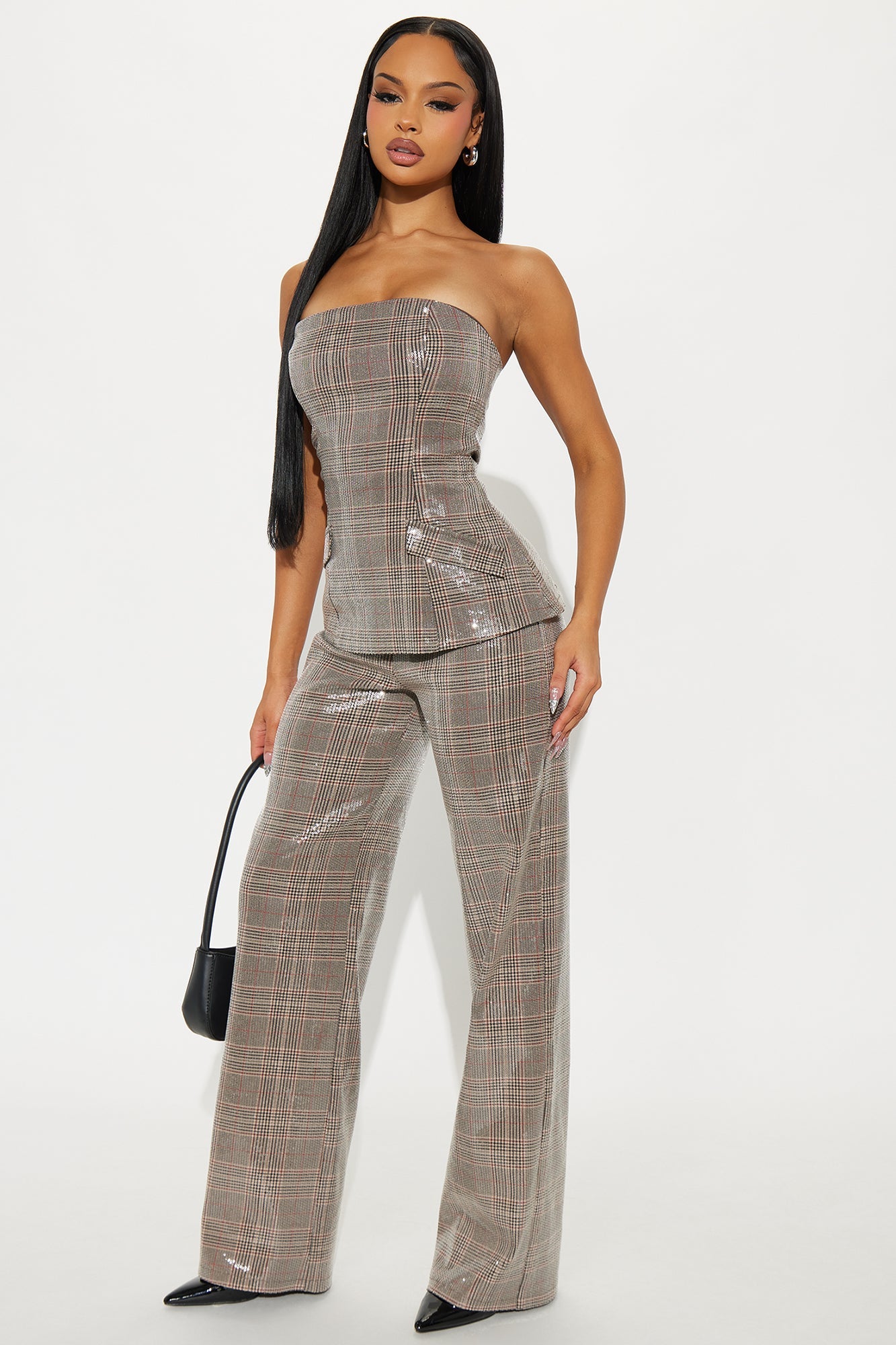 It Girl Sequin Plaid Strapless Jumpsuit - Brown/combo