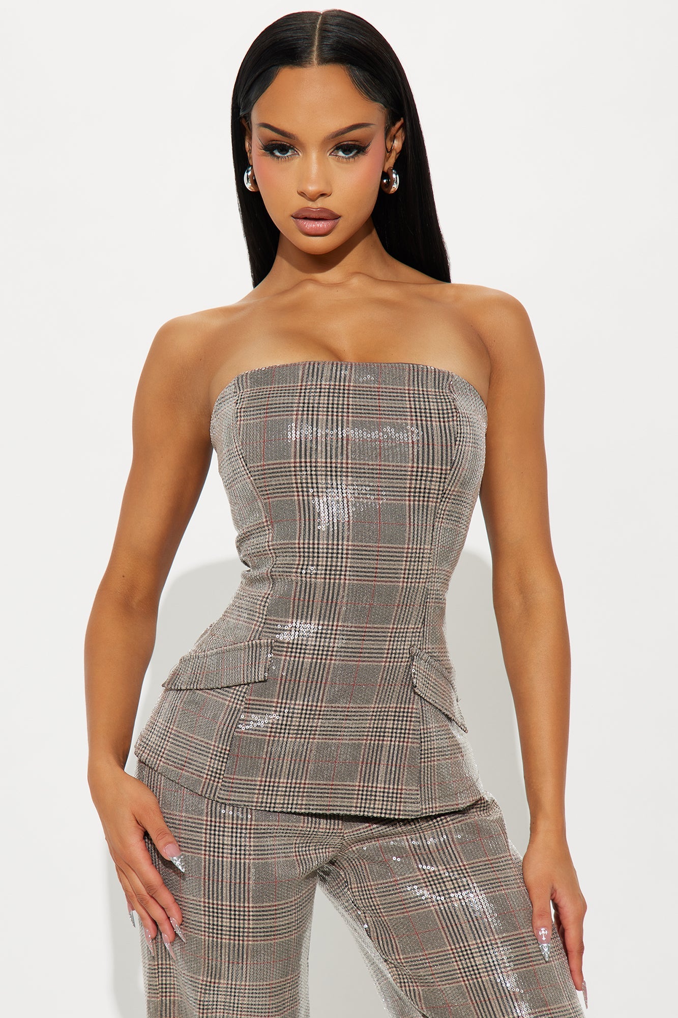 It Girl Sequin Plaid Strapless Jumpsuit - Brown/combo
