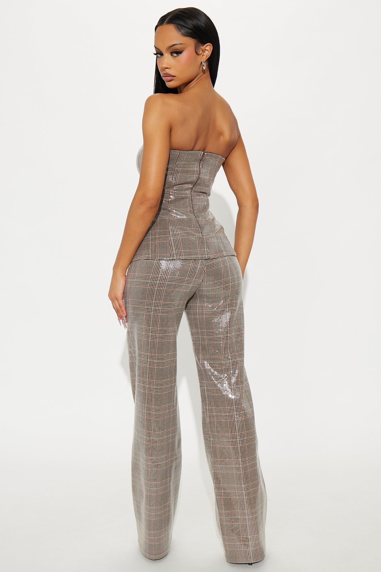 It Girl Sequin Plaid Strapless Jumpsuit - Brown/combo