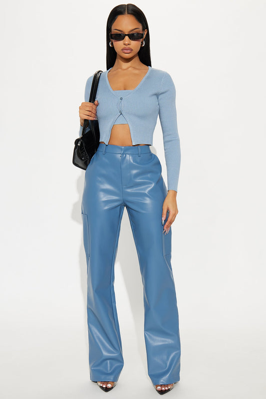 In A Flirty Mood Mid Rise Faux Leather Straight Leg Pant 33 - Slate Blue