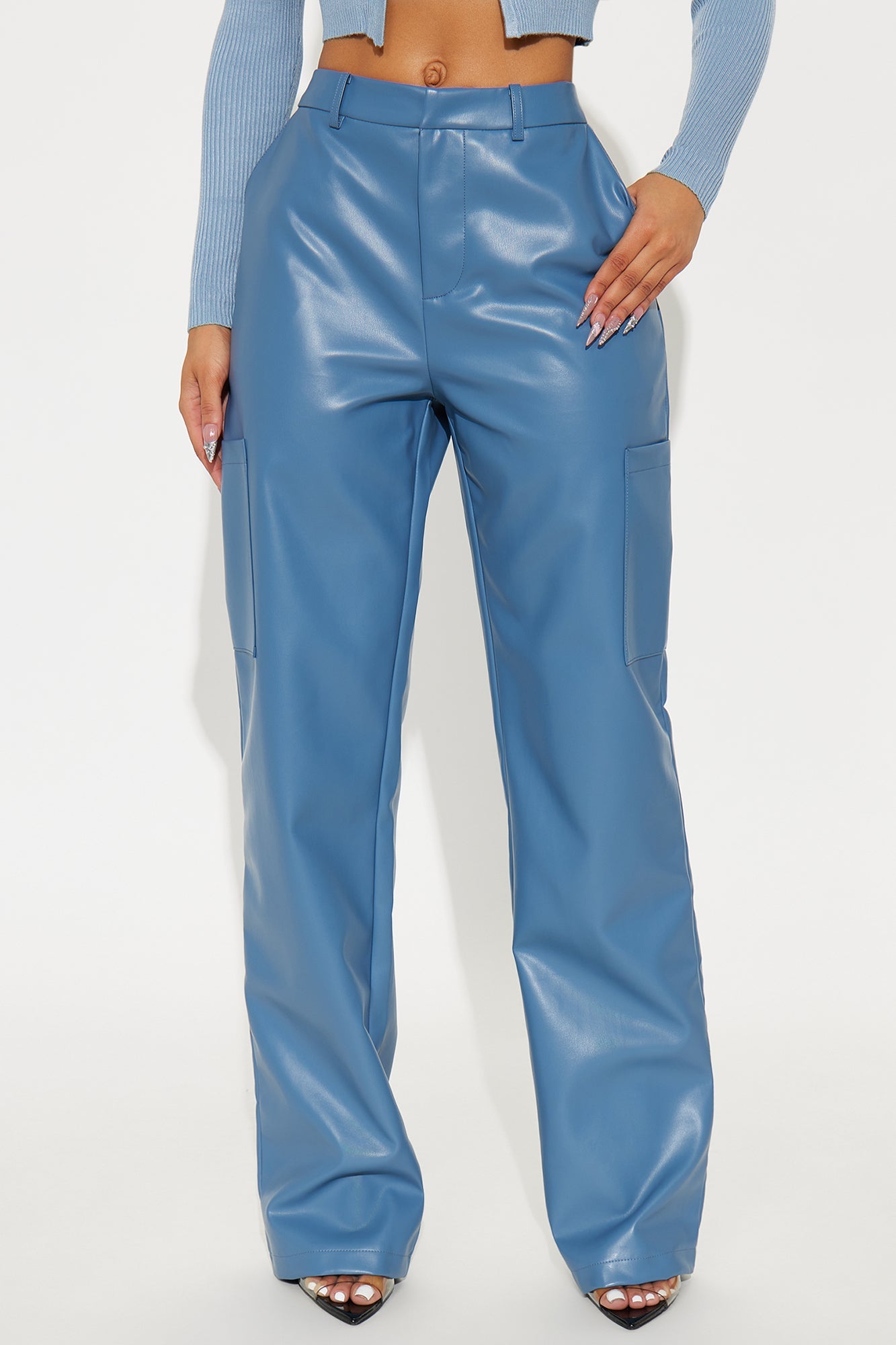 In A Flirty Mood Mid Rise Faux Leather Straight Leg Pant 33 - Slate Blue