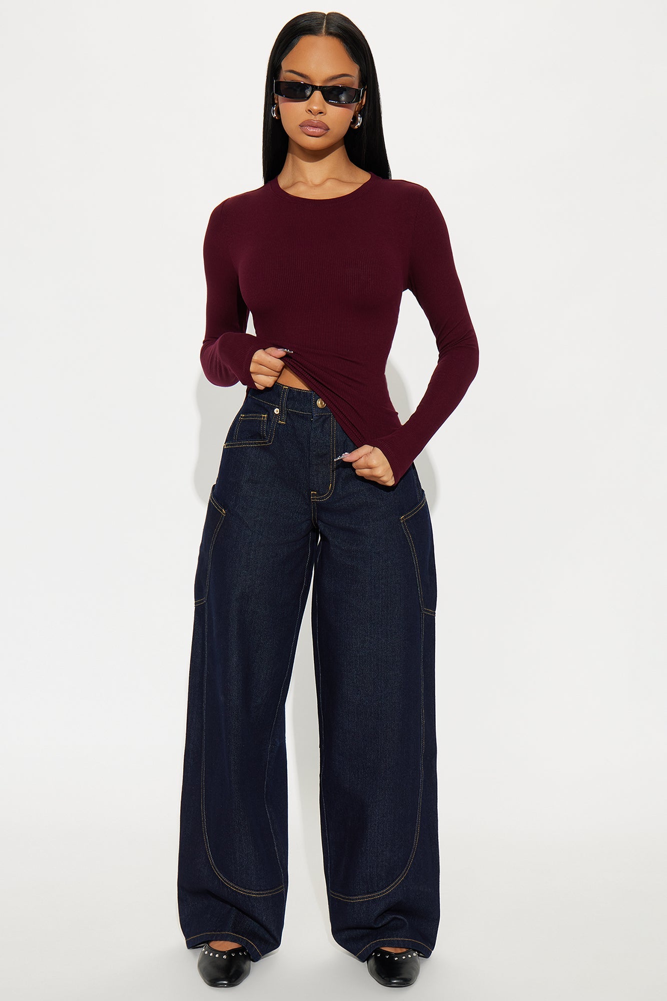 Mielle Crew Neck Ribbed Long Sleeve Top - Burgundy