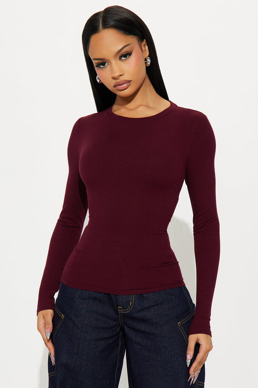 Mielle Crew Neck Ribbed Long Sleeve Top - Burgundy