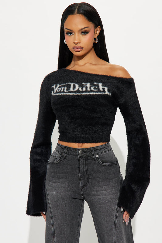 Von Dutch Fuzzy One Shoulder Top - Black