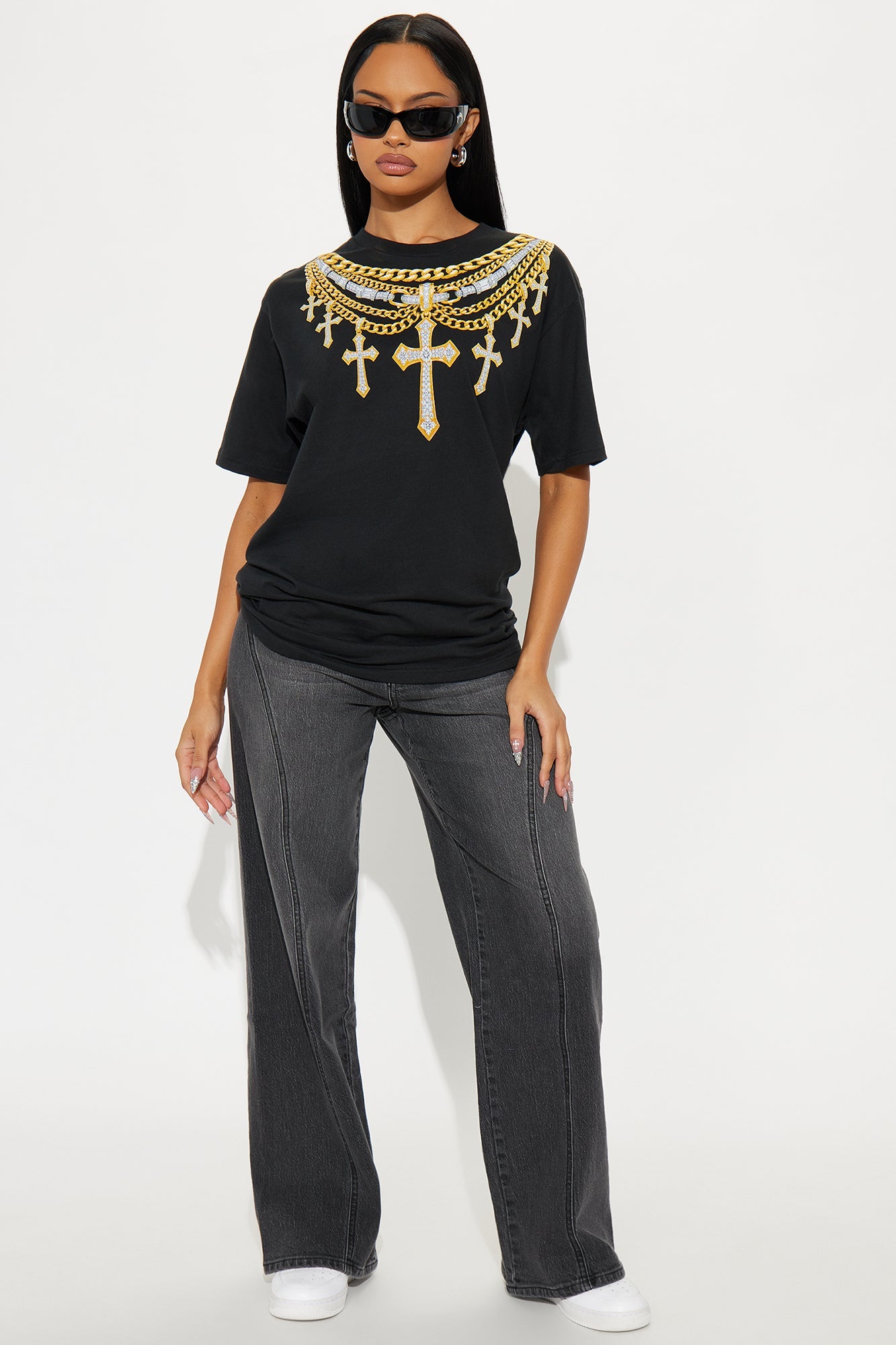Chains And Crosses On My Neck Oversize Tee - Black