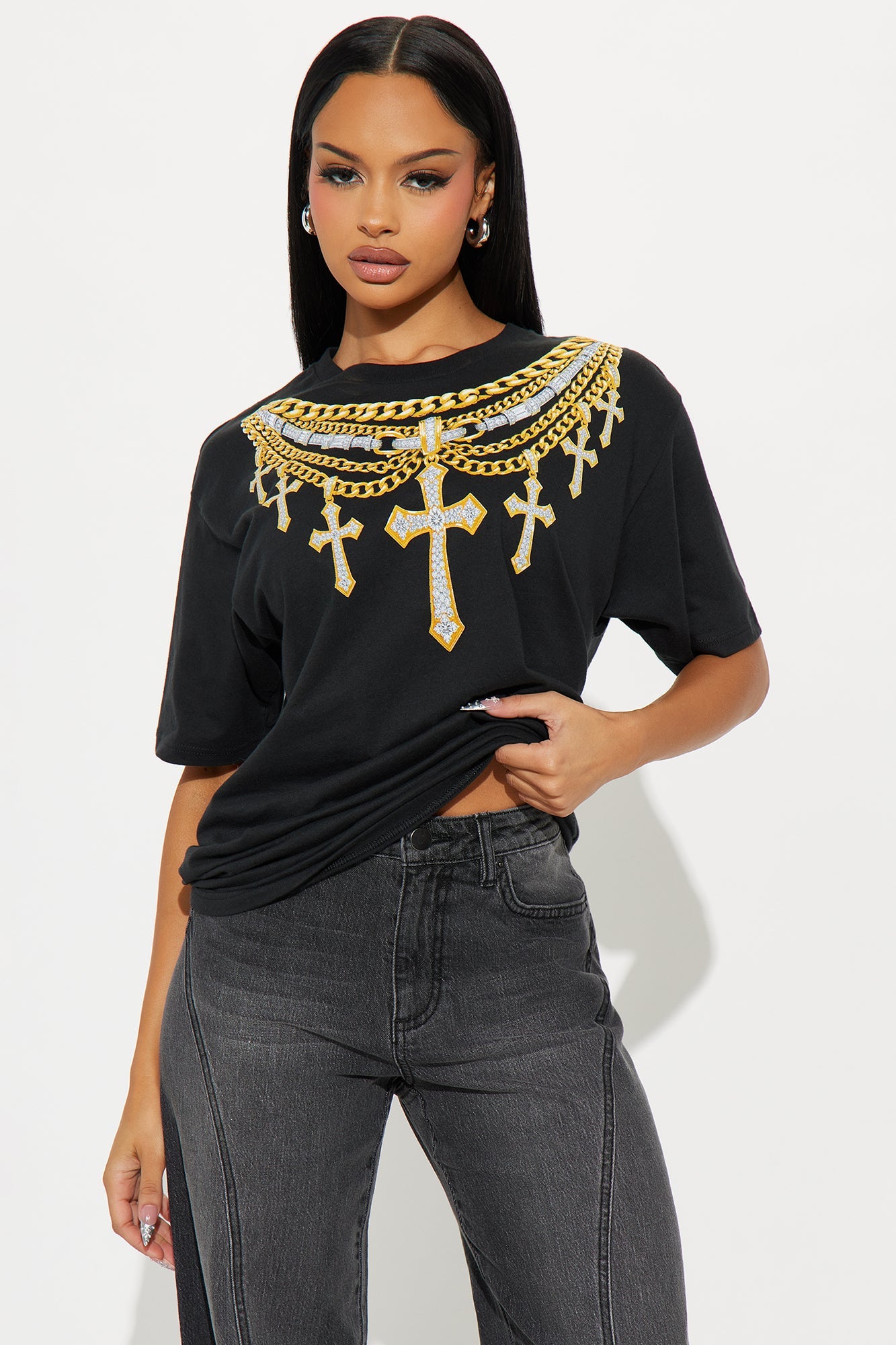 Chains And Crosses On My Neck Oversize Tee - Black
