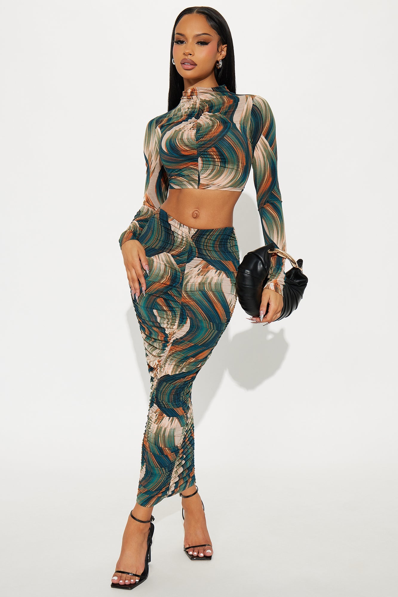 Read The Room Ruched Maxi Skirt Set - Green