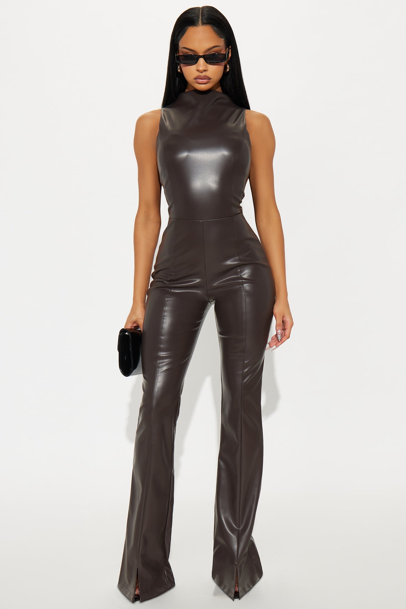 Silvia Faux Leather Jumpsuit - Chocolate