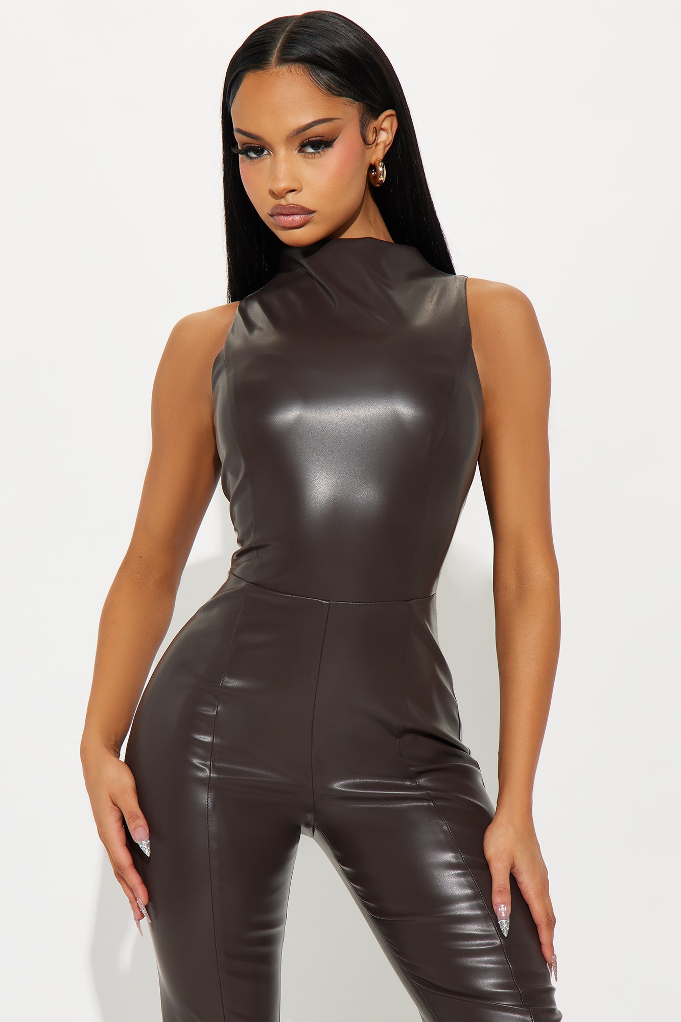Silvia Faux Leather Jumpsuit - Chocolate