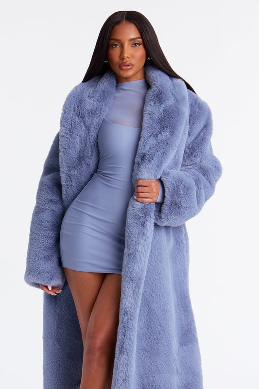 Mari Faux Fur Coat - Slate Blue