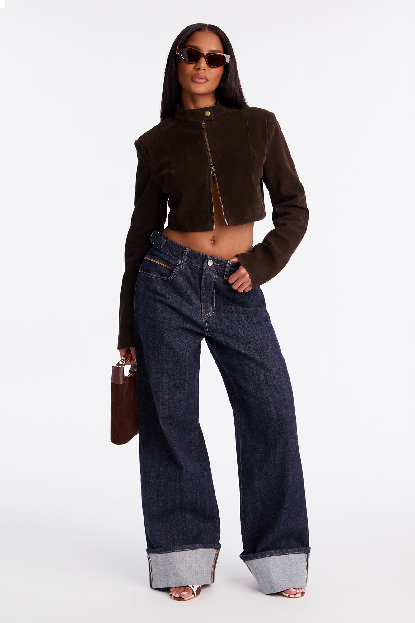 Premium Cuffed Wide Leg Buckled Jeans - Dark Denim