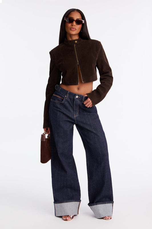 Premium Cuffed Wide Leg Buckled Jeans - Dark Denim