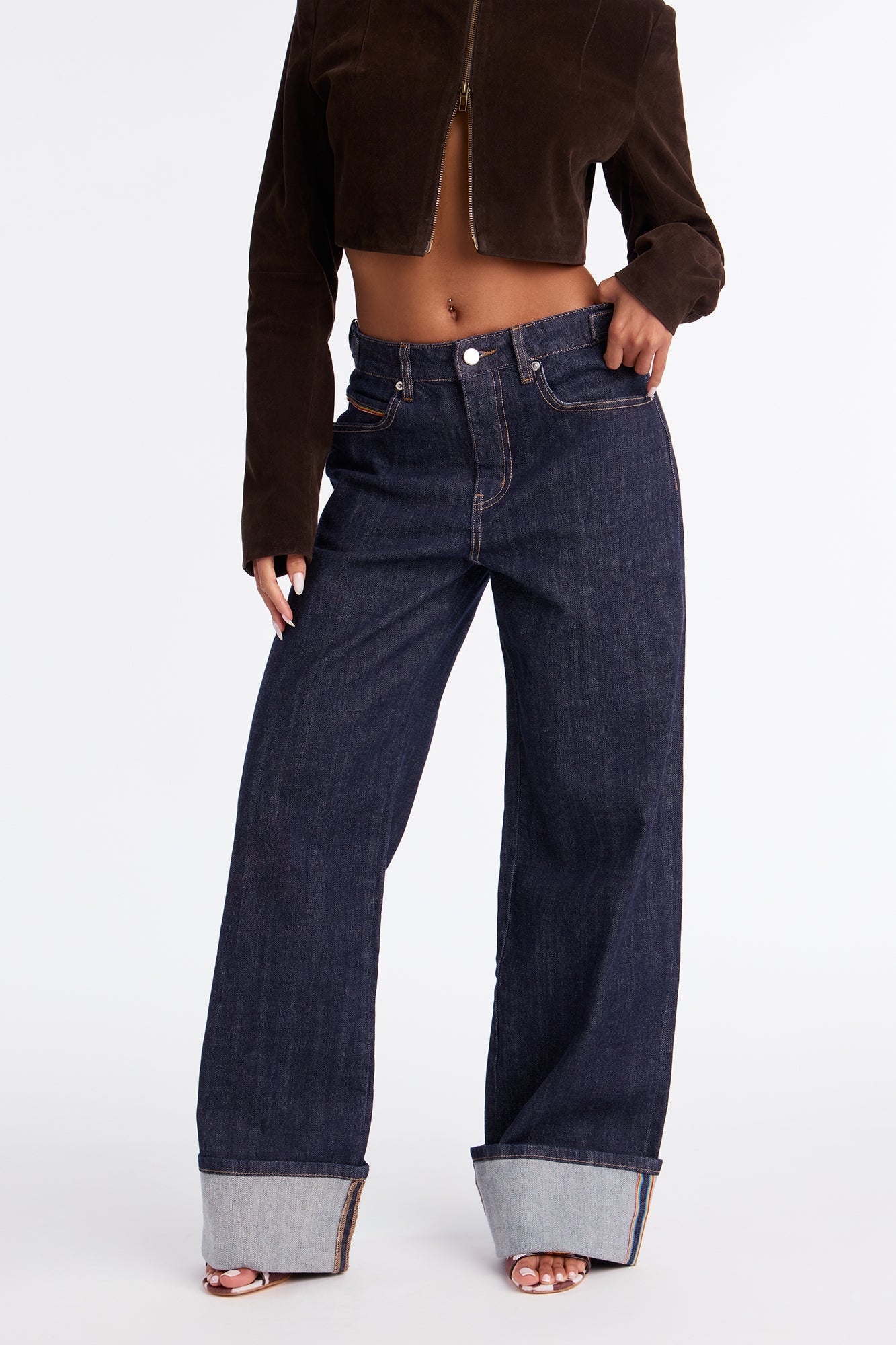 Premium Cuffed Wide Leg Buckled Jeans - Dark Denim