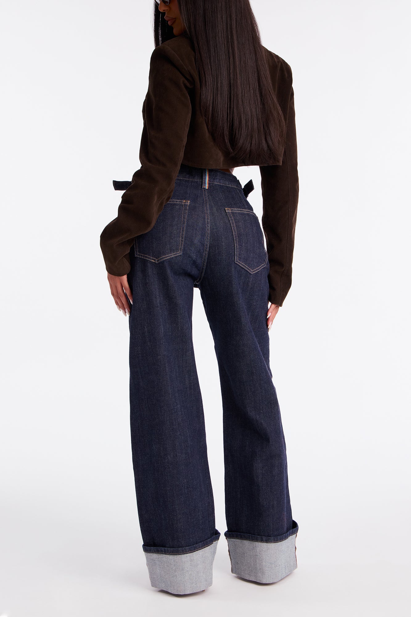 Premium Cuffed Wide Leg Buckled Jeans - Dark Denim