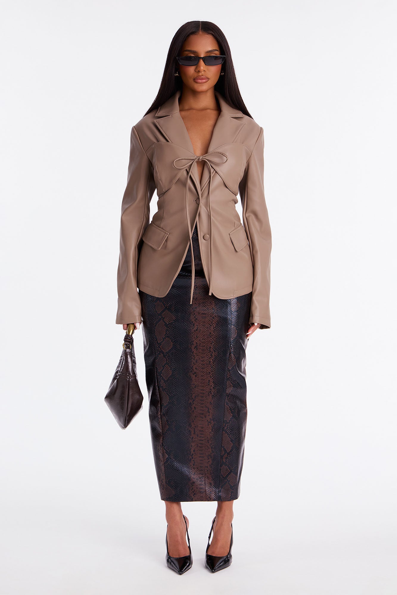 Mixed Emotions Tie Front Faux Leather Blazer - Mocha